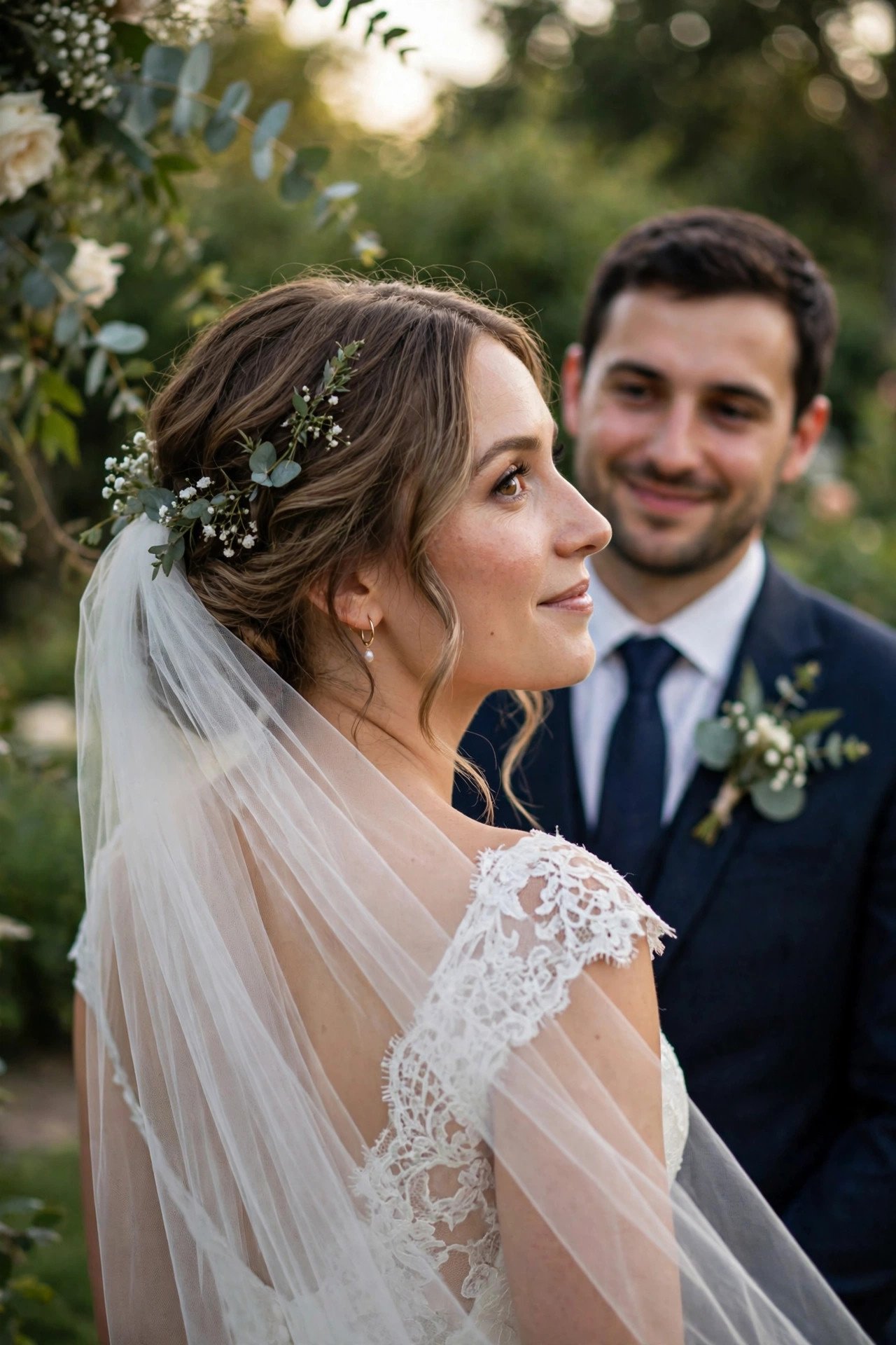 Bride looking back over shoulder at groom