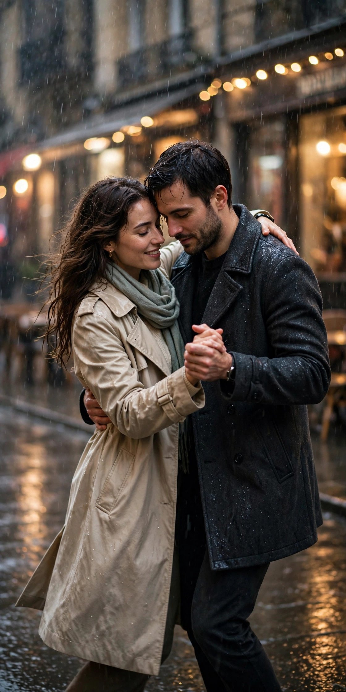 Couple slow dancing in light rain