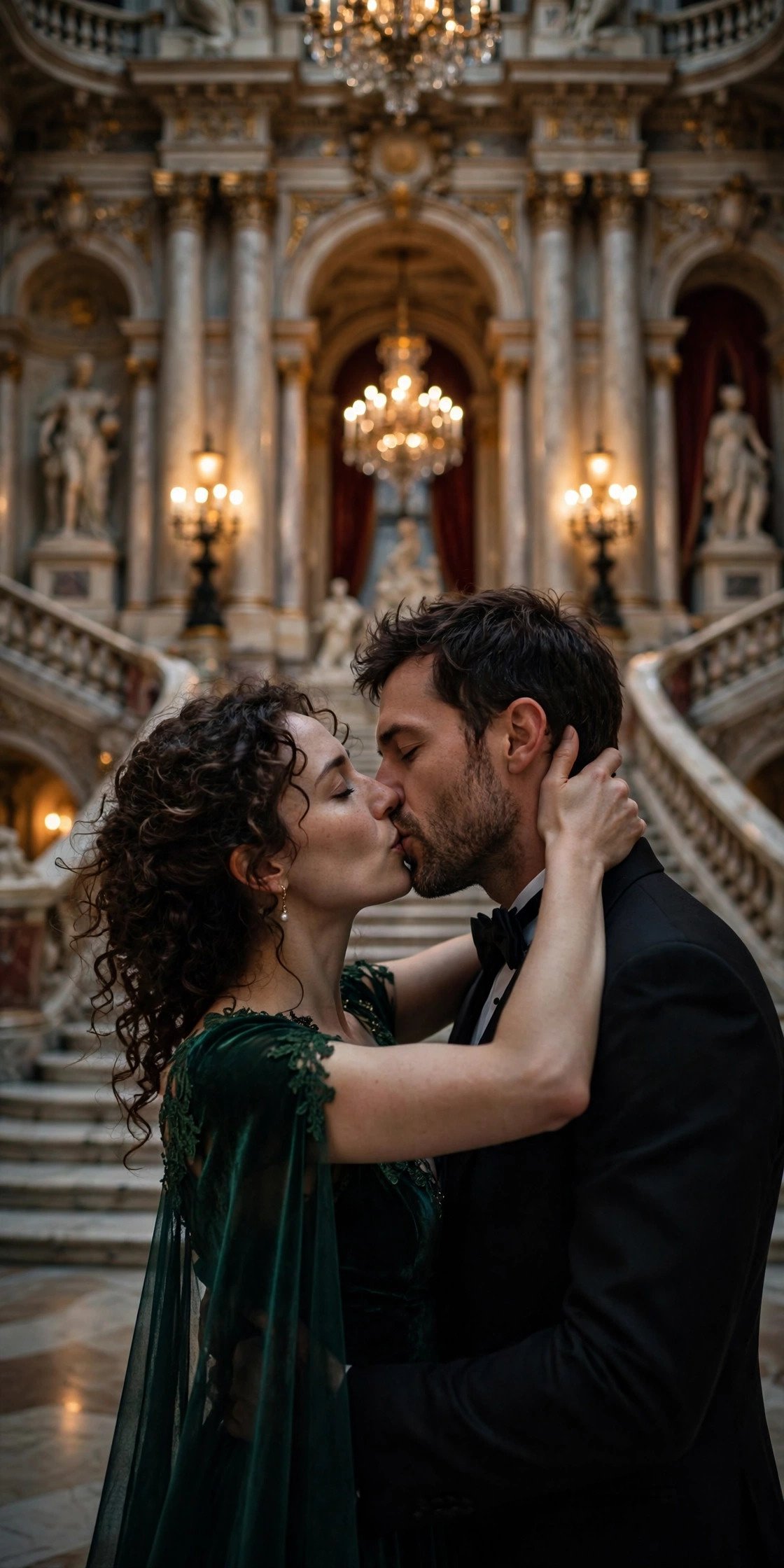 Dramatic kiss with grand venue behind