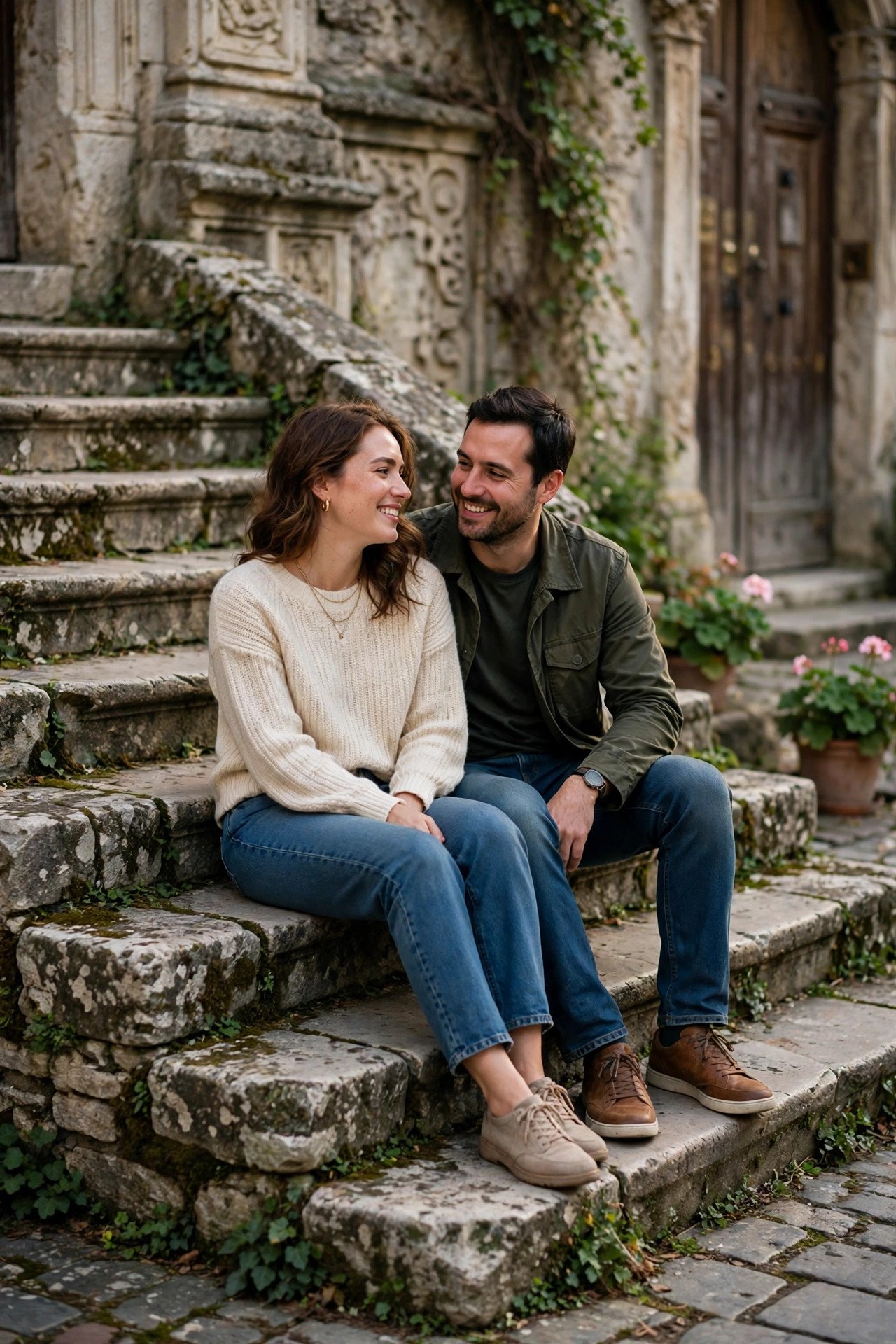 Couple sitting on historic stone steps