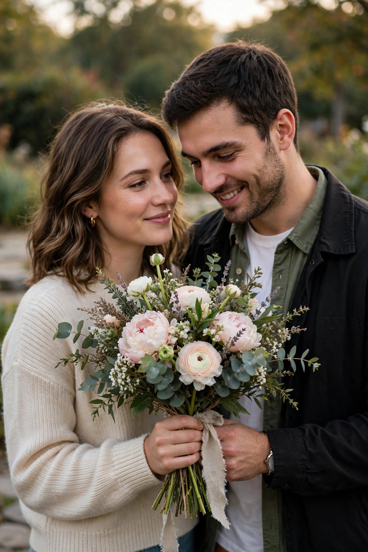 Couple holding bouquet together