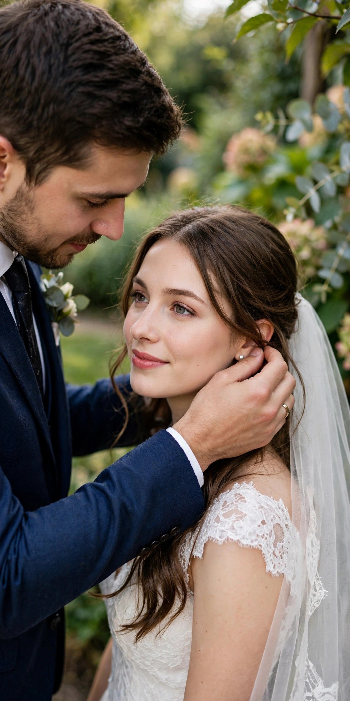 Groom tucking bride's hair behind ear