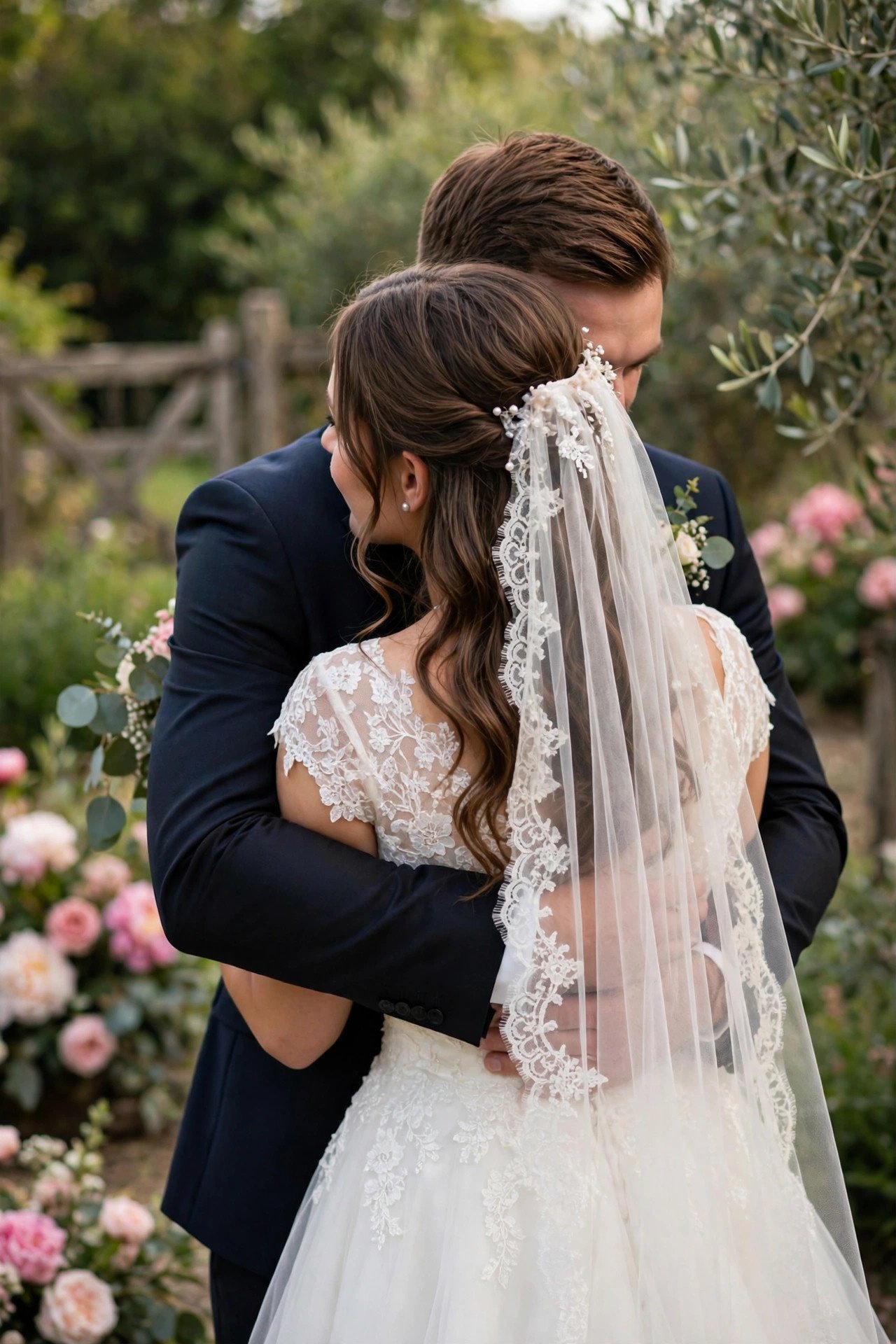 Groom hugging bride from behind