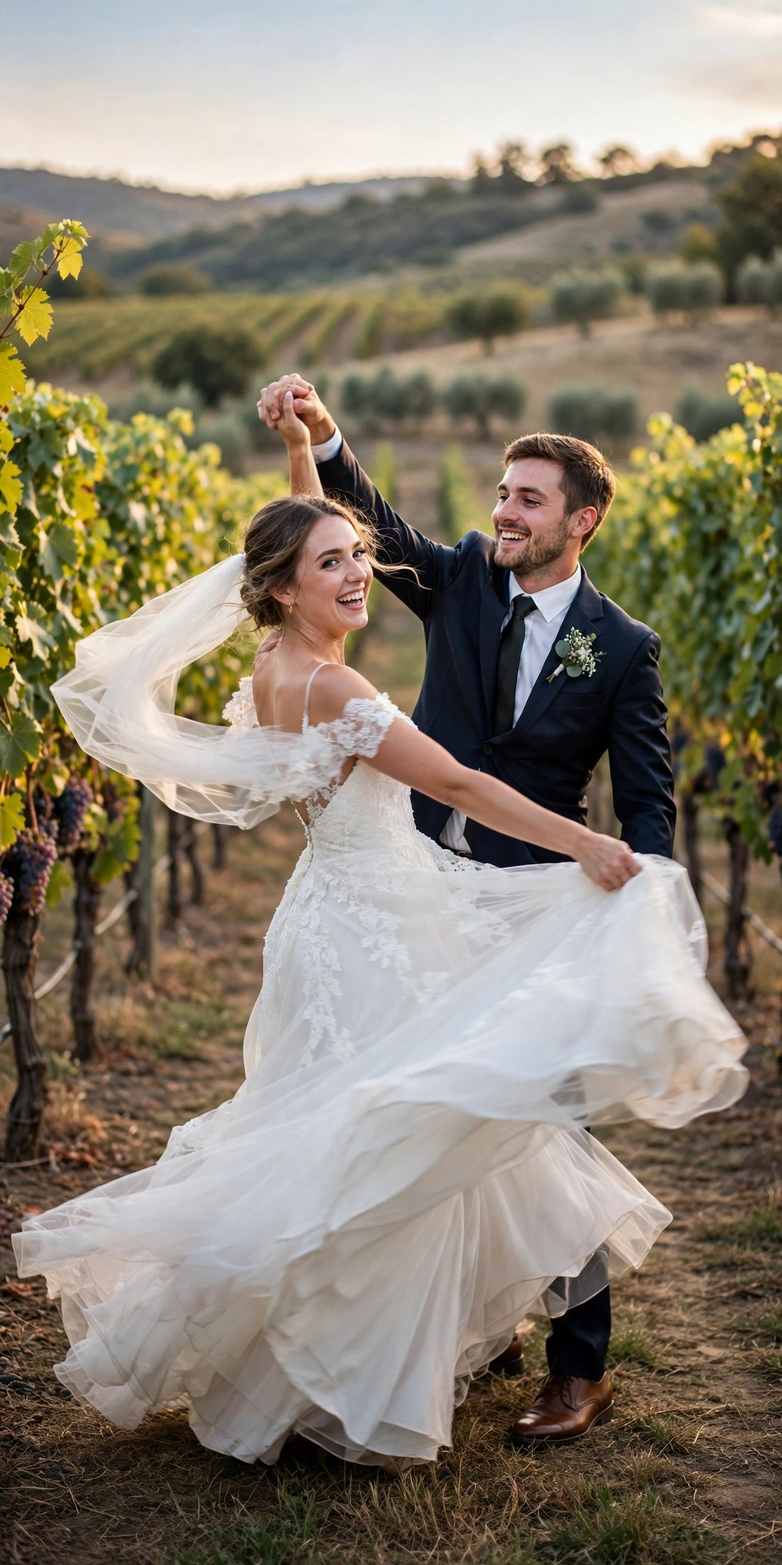 Groom spinning bride in vineyard