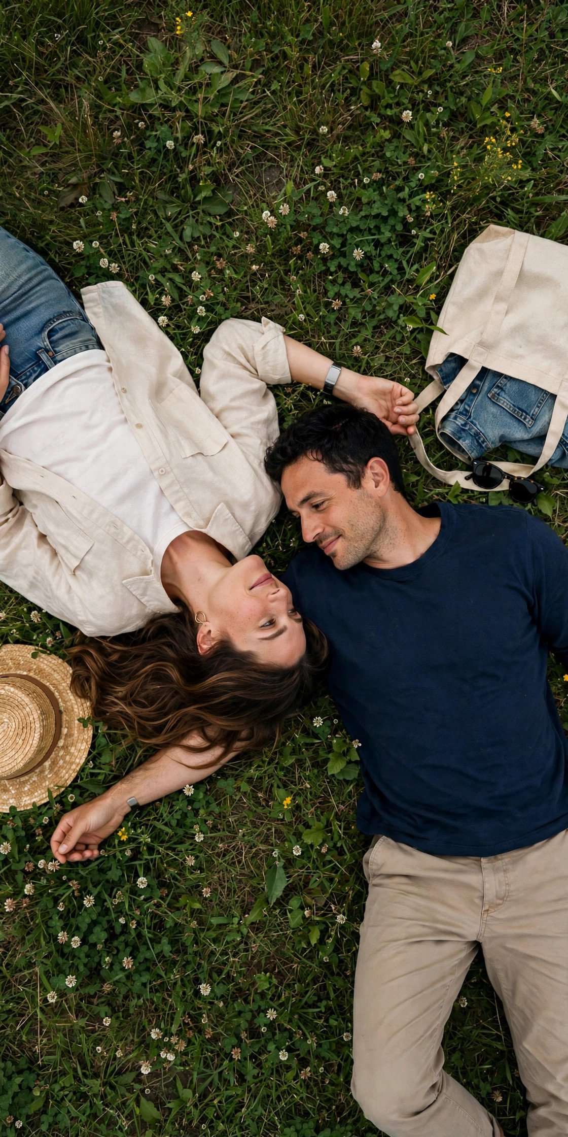 Couple lying in grass shot from above