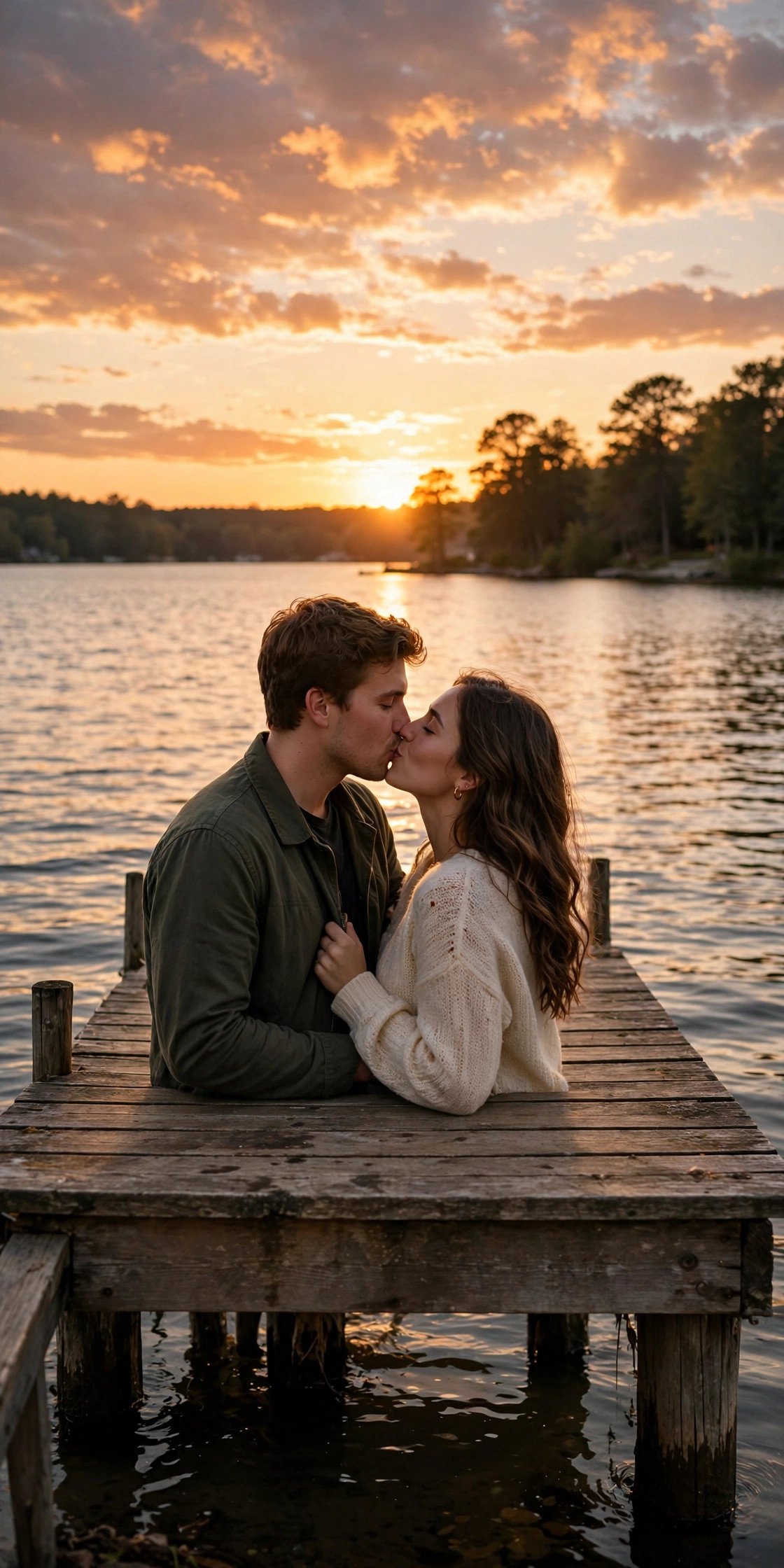 Couple kissing at end of dock at sunset