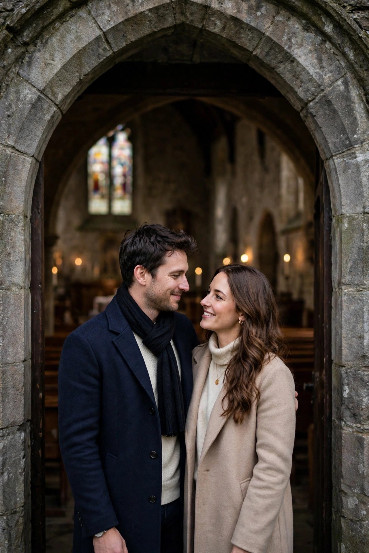 Couple framed in church doorway