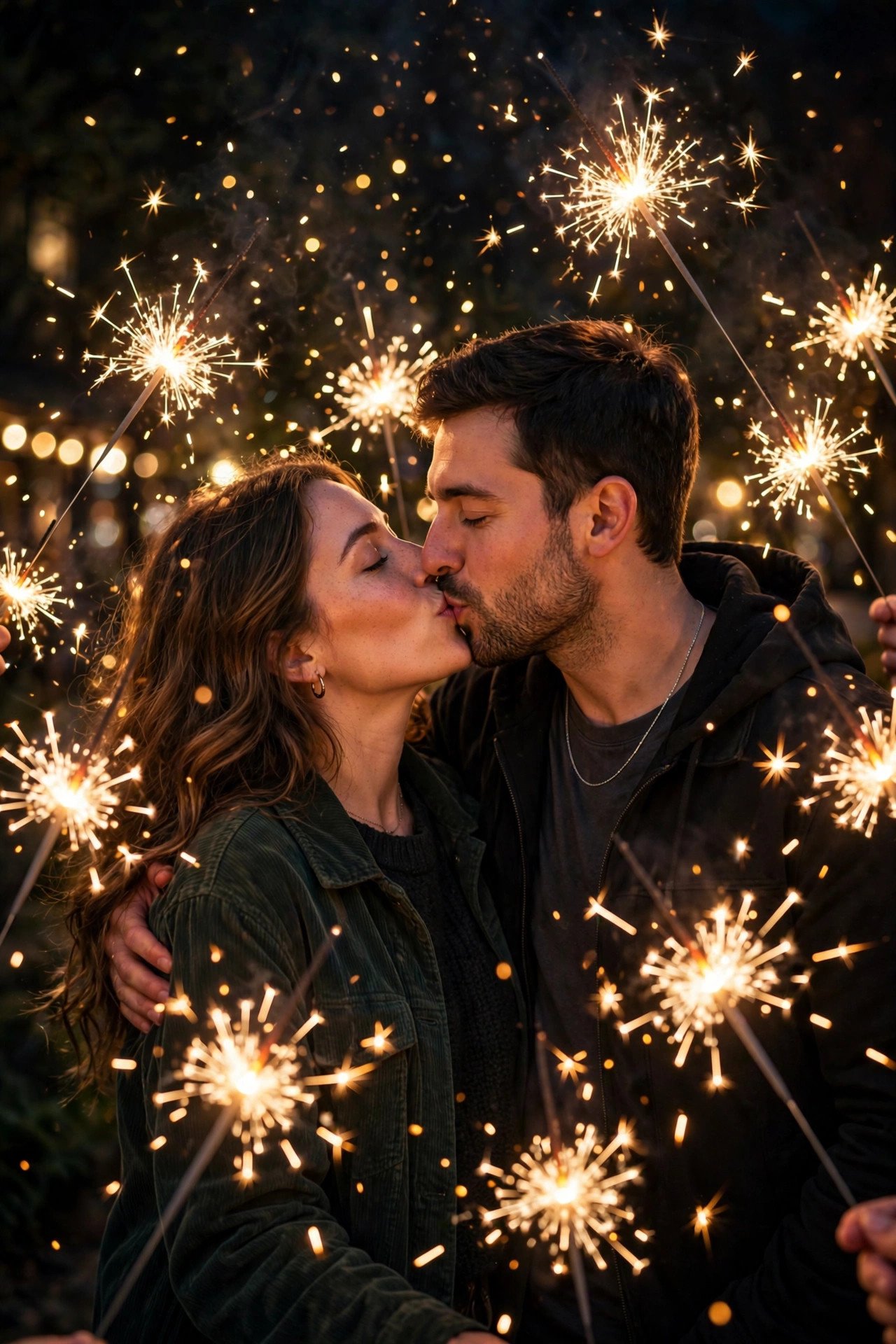 Couple kissing surrounded by sparkler light