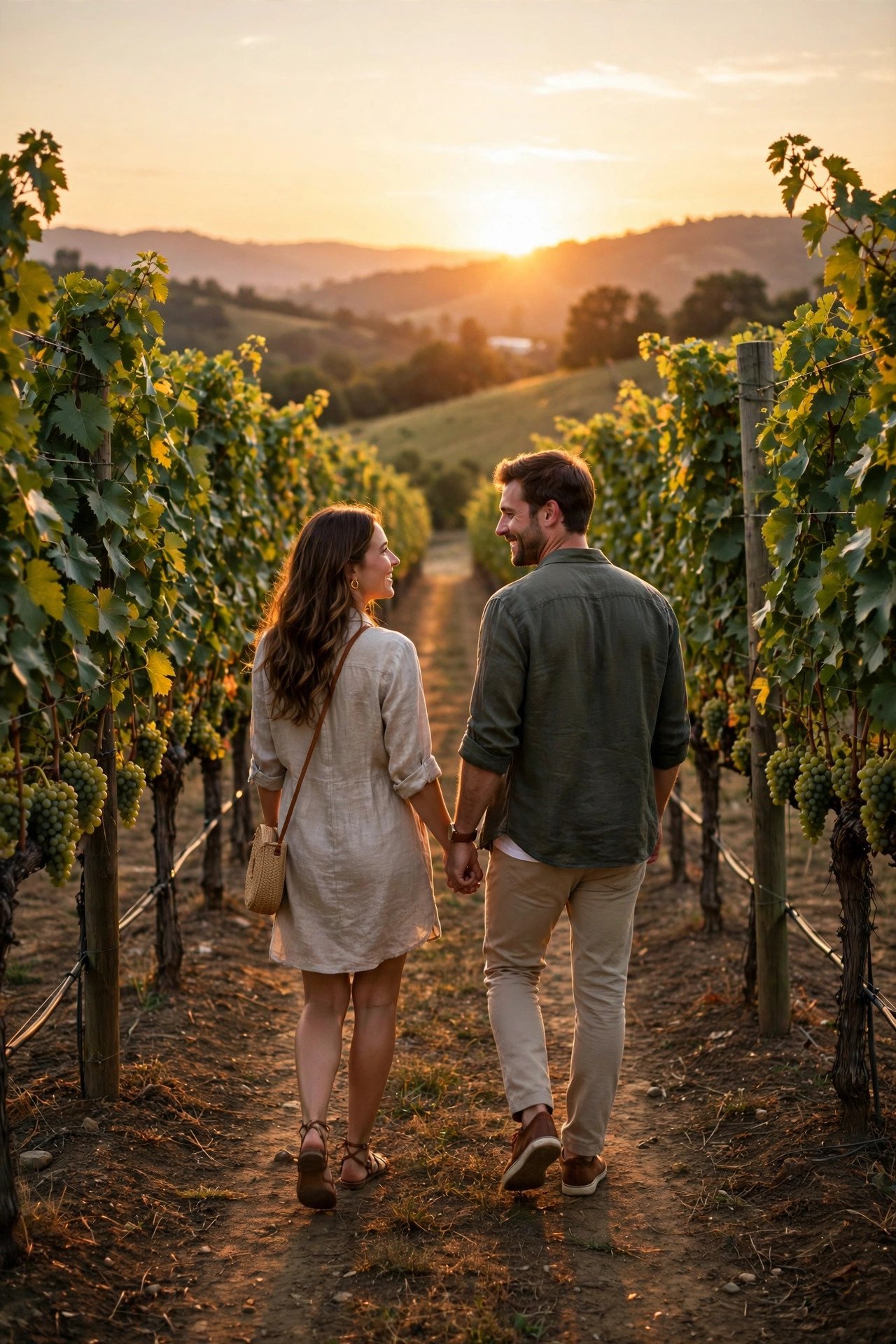Couple walking between vineyard rows at sunset