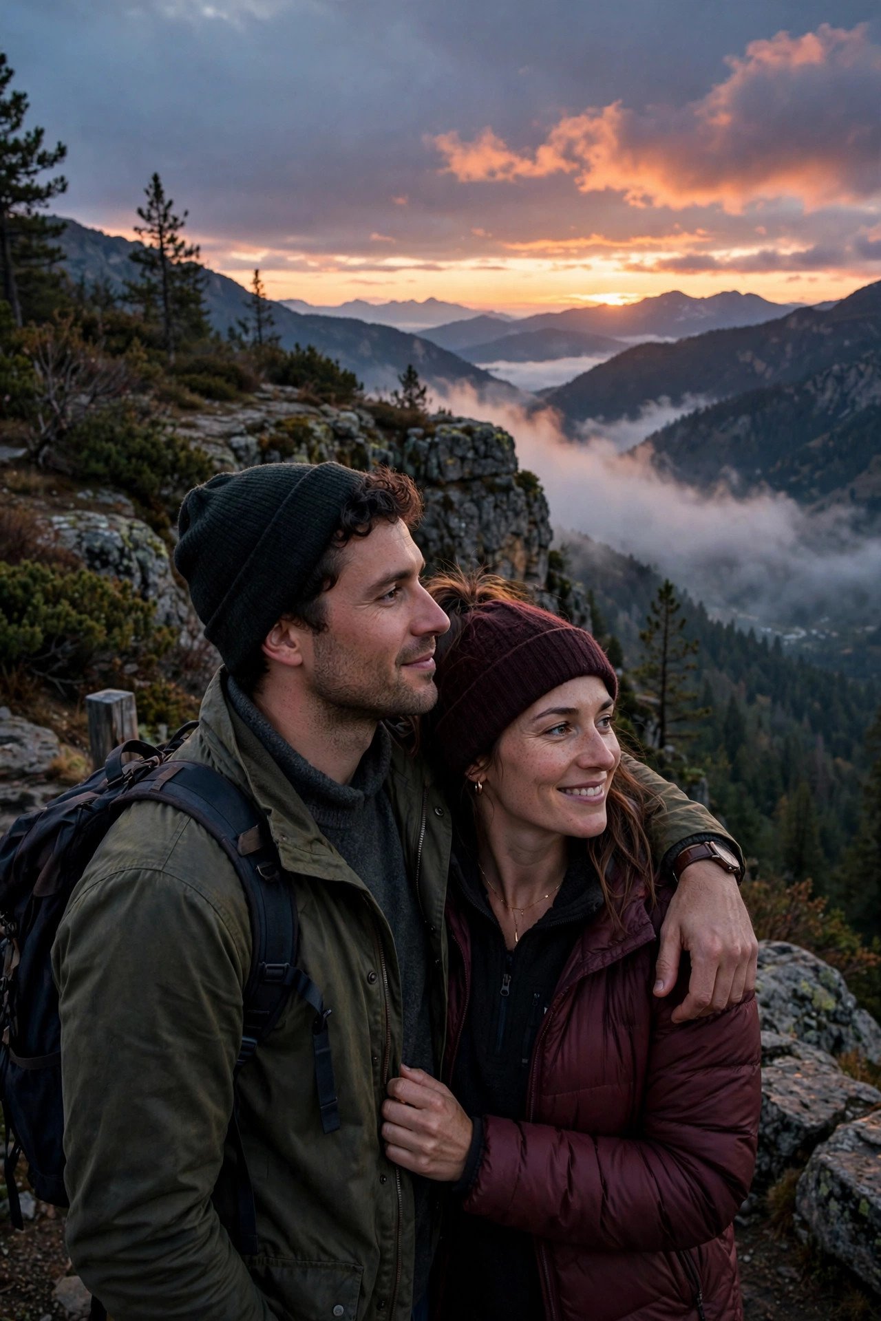 Couple at mountain overlook at dusk