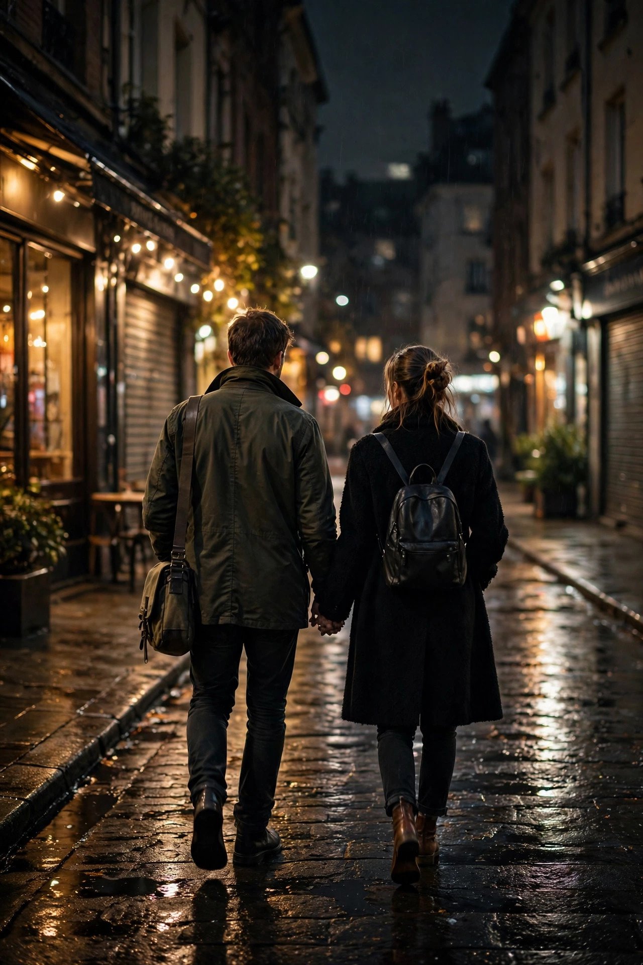 Couple's final portrait walking away at night