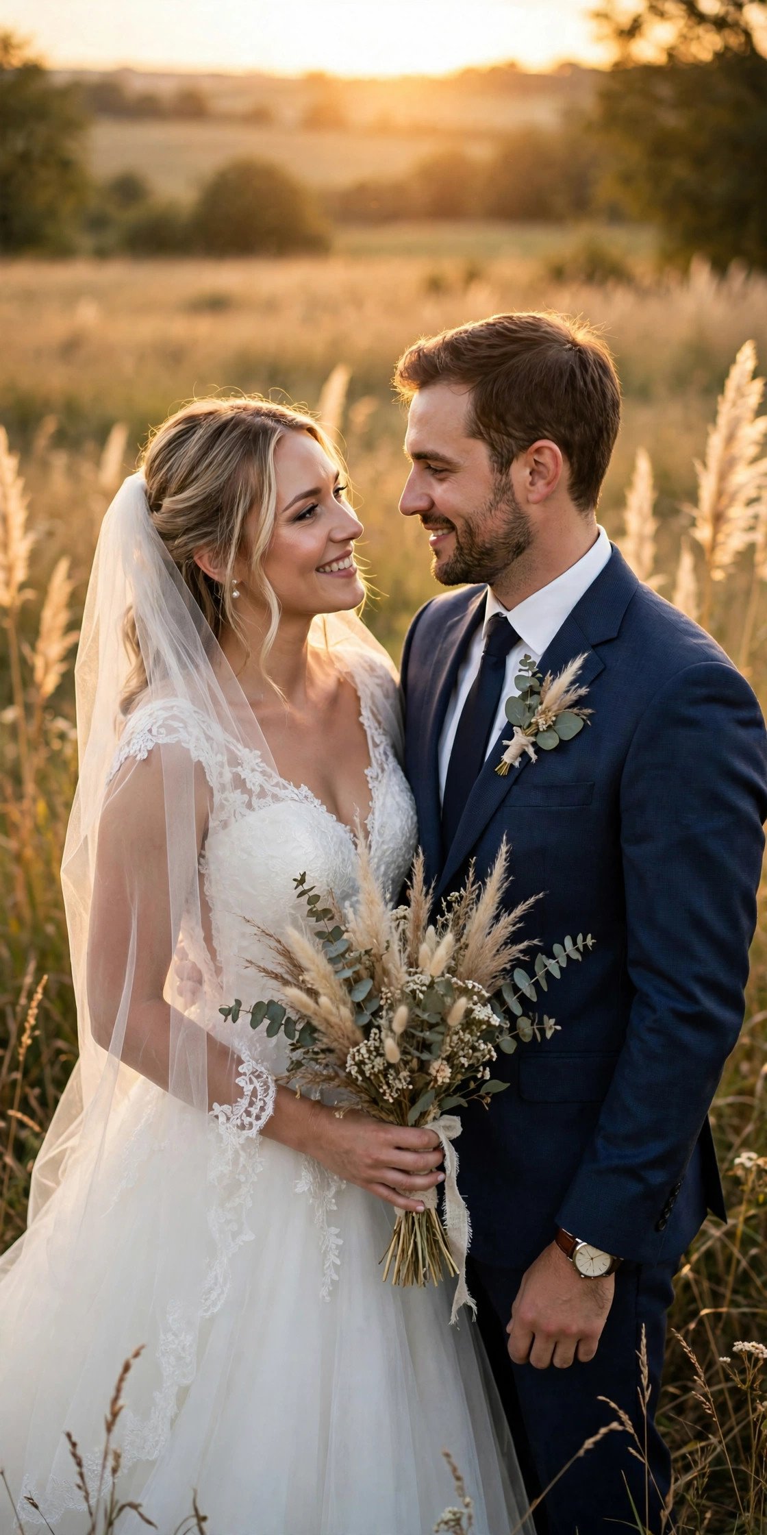 Bride and groom portrait at golden hour in a field