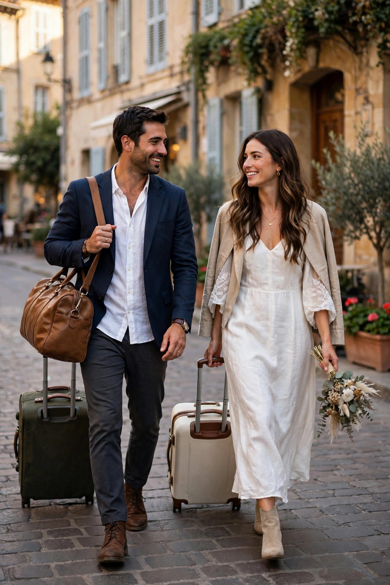 Couple arriving in a destination state for their wedding weekend