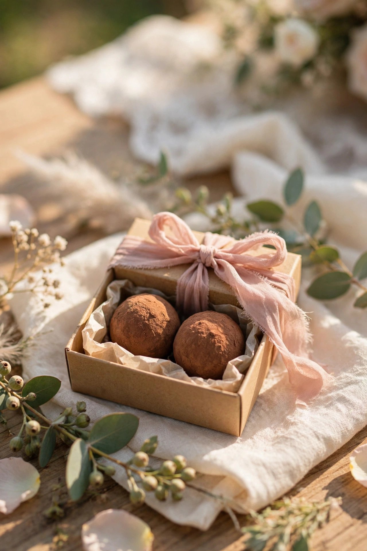 Two chocolate truffles in a small ribbon-tied box