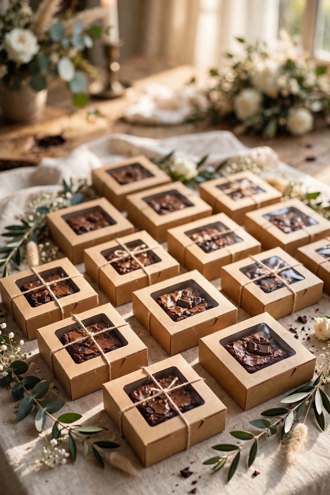 Fudgy brownies in individual bakery boxes