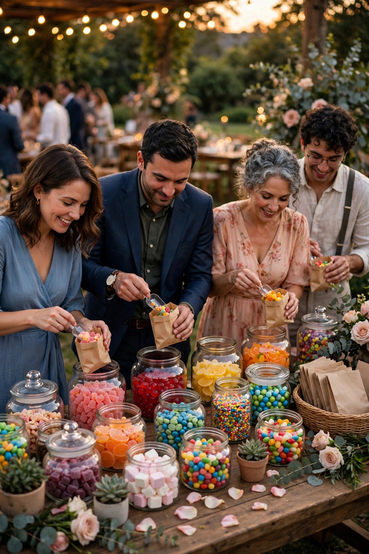 Guests filling bags at a colorful candy buffet