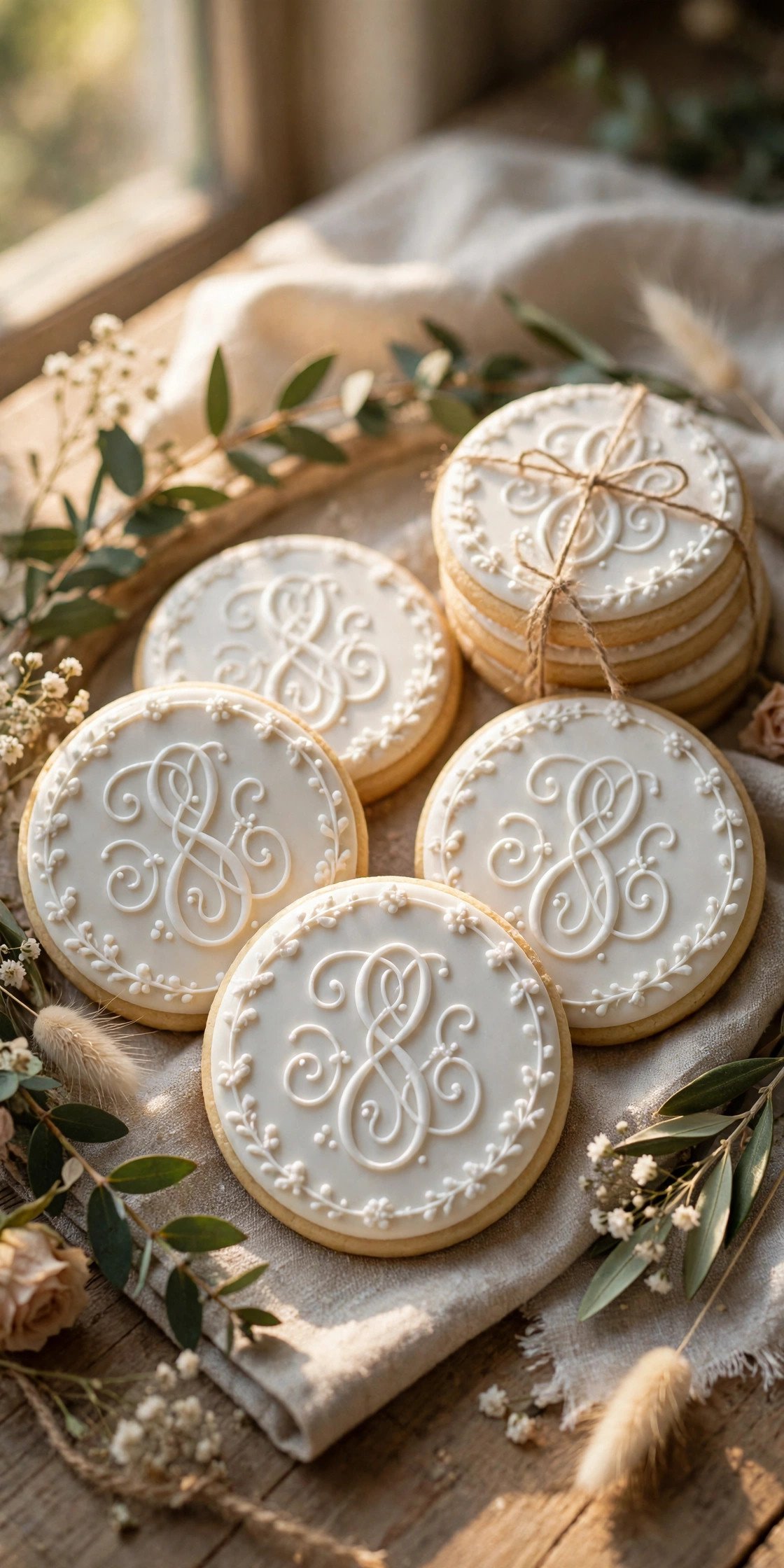 Cookies iced with the couple's intertwined monogram