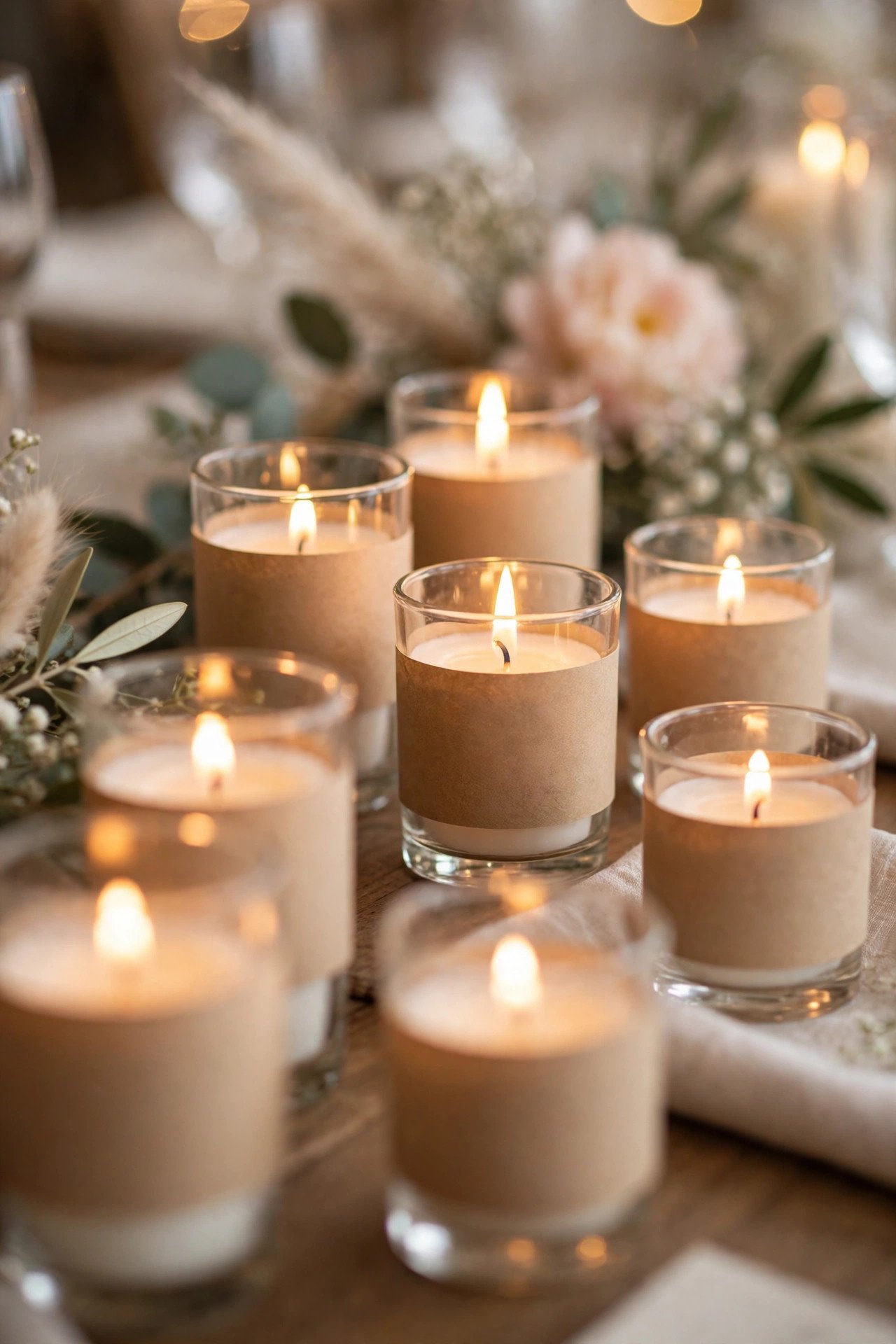 Candles with custom labels showing the couple's names and wedding date