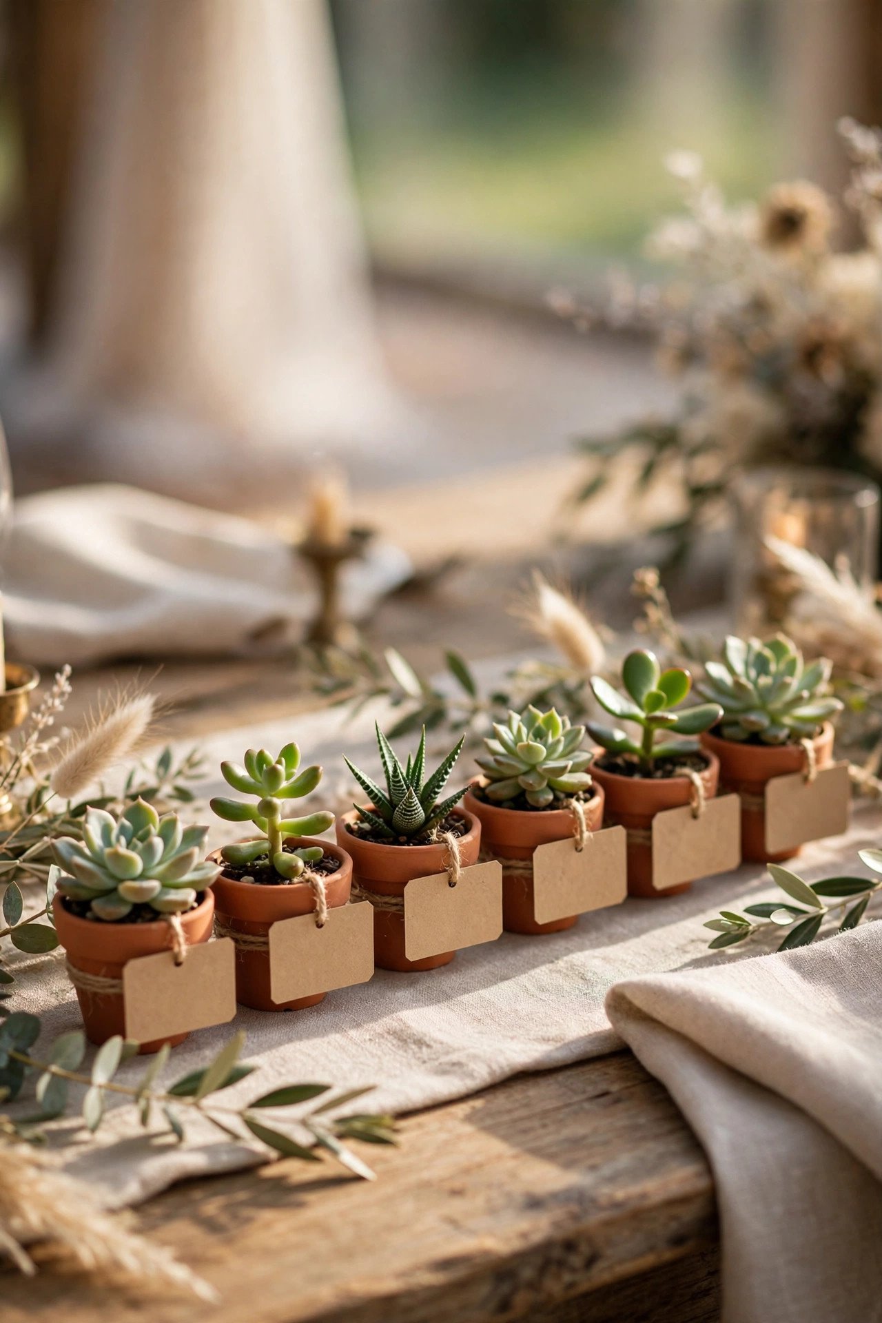 Mini succulents each tagged with a guest's name