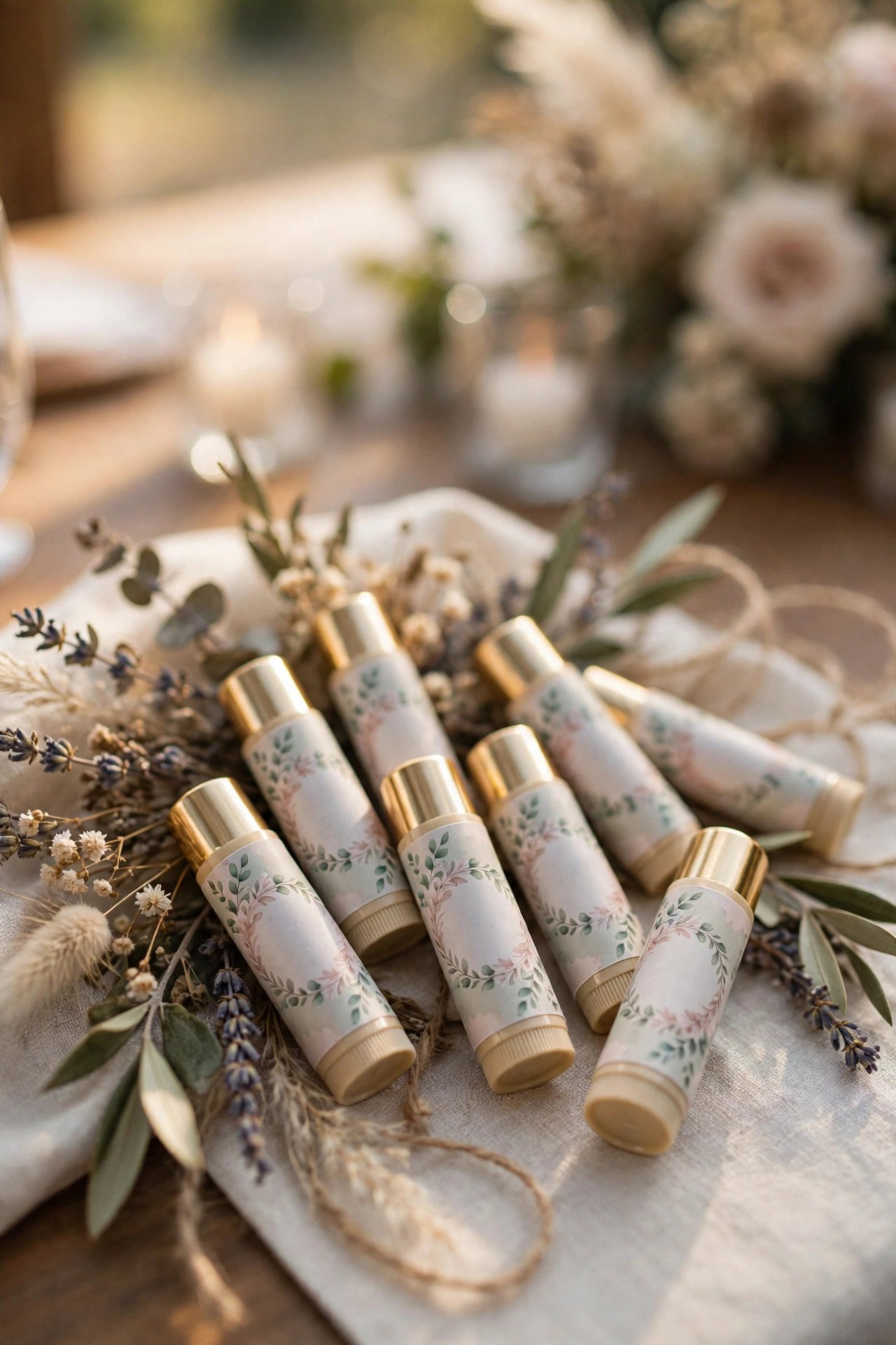 Lip balms with custom labels naming the couple