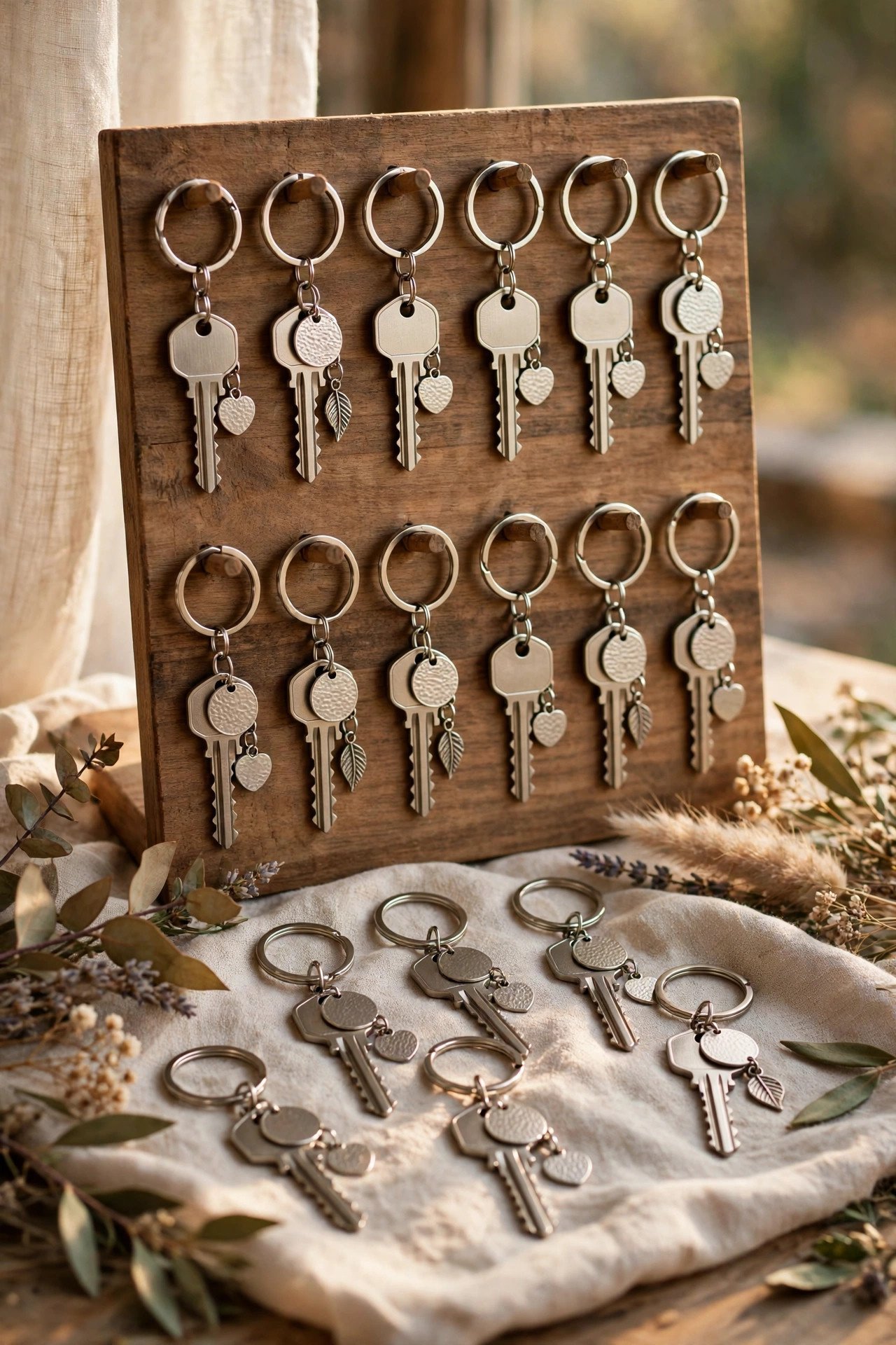 Metal keychains stamped with the wedding date