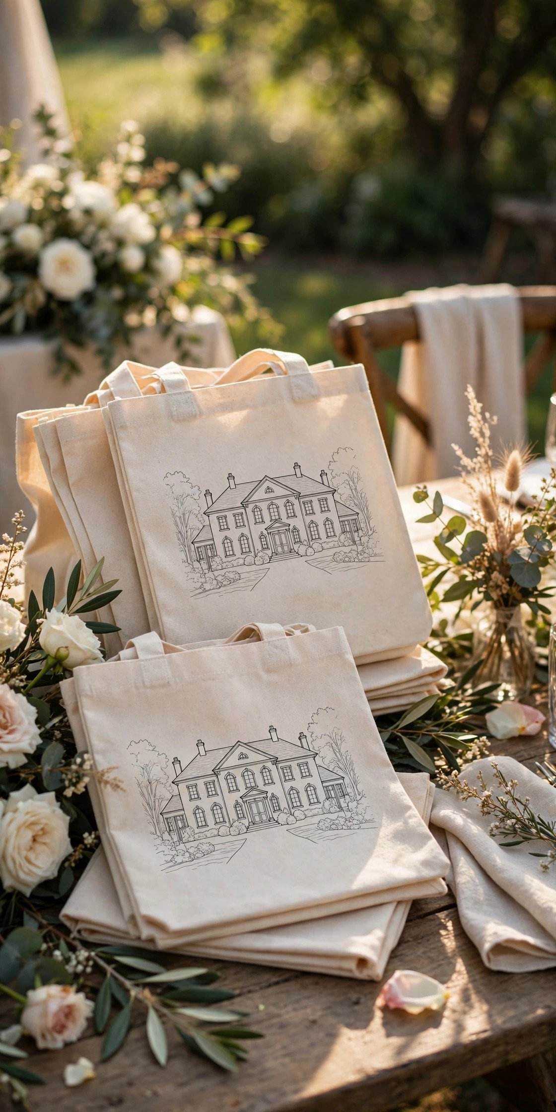 Canvas totes printed with a line drawing of the wedding venue