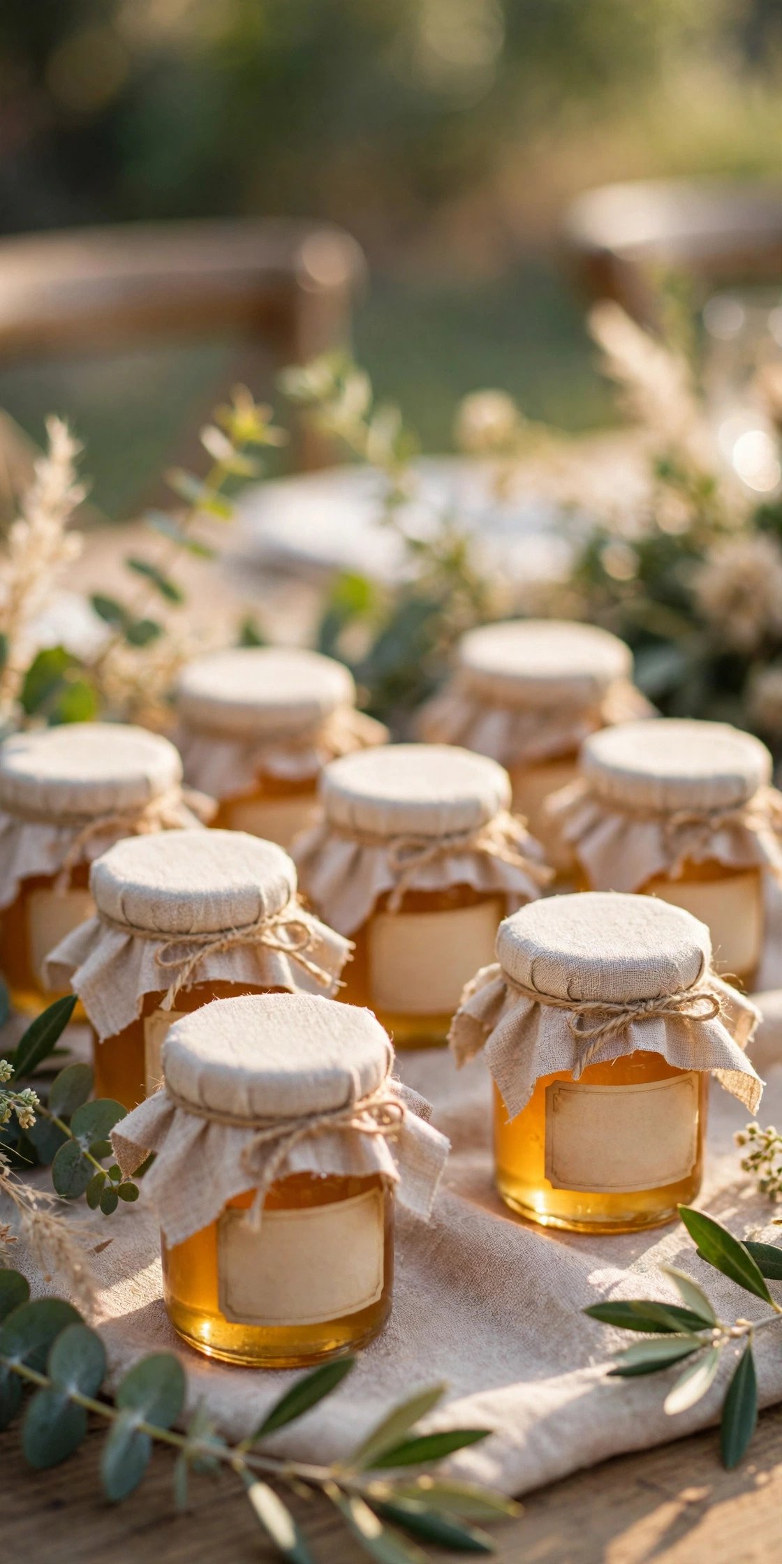 Honey jars labeled with the couple's names and wedding date