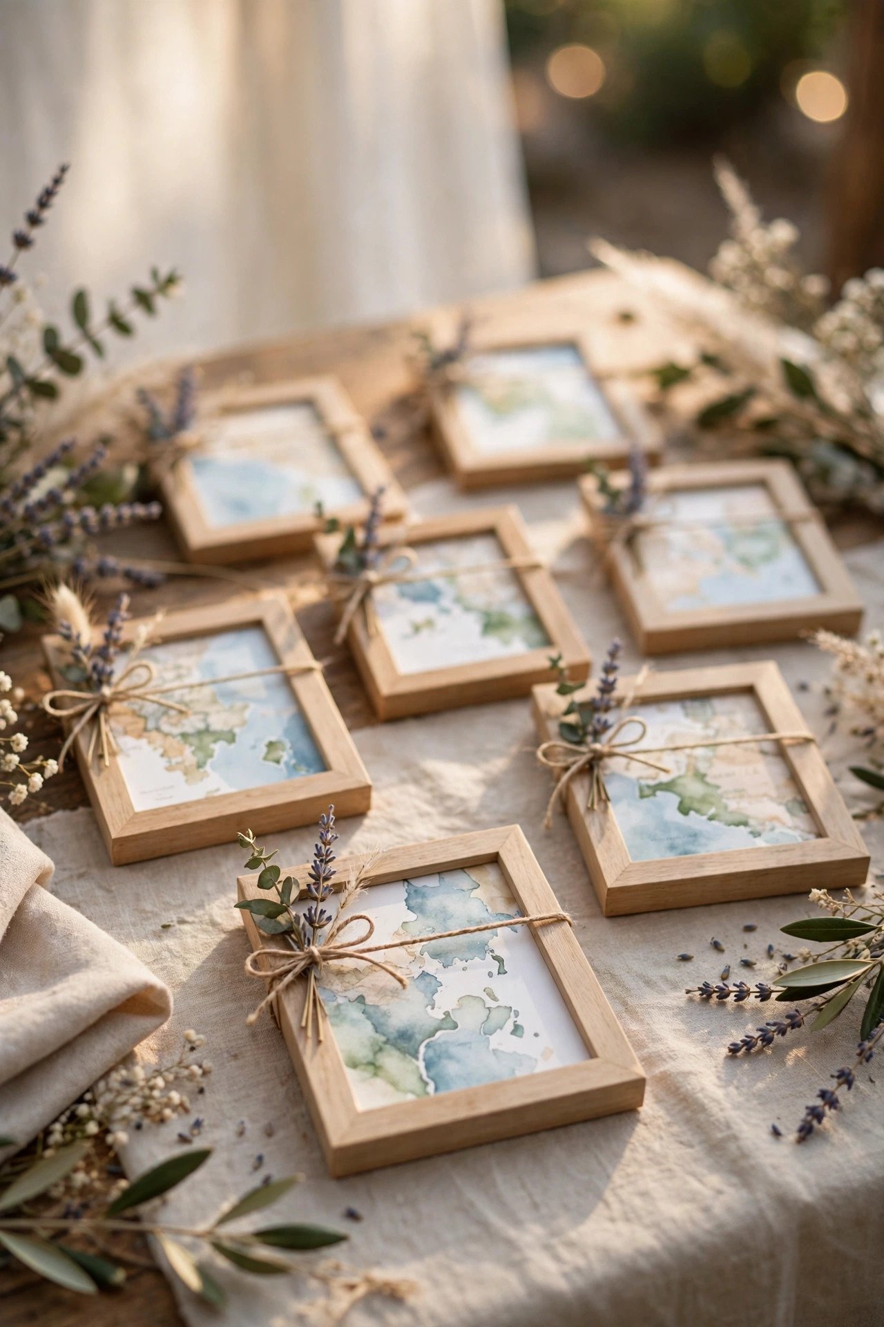 Small framed prints of a map marking where the couple met