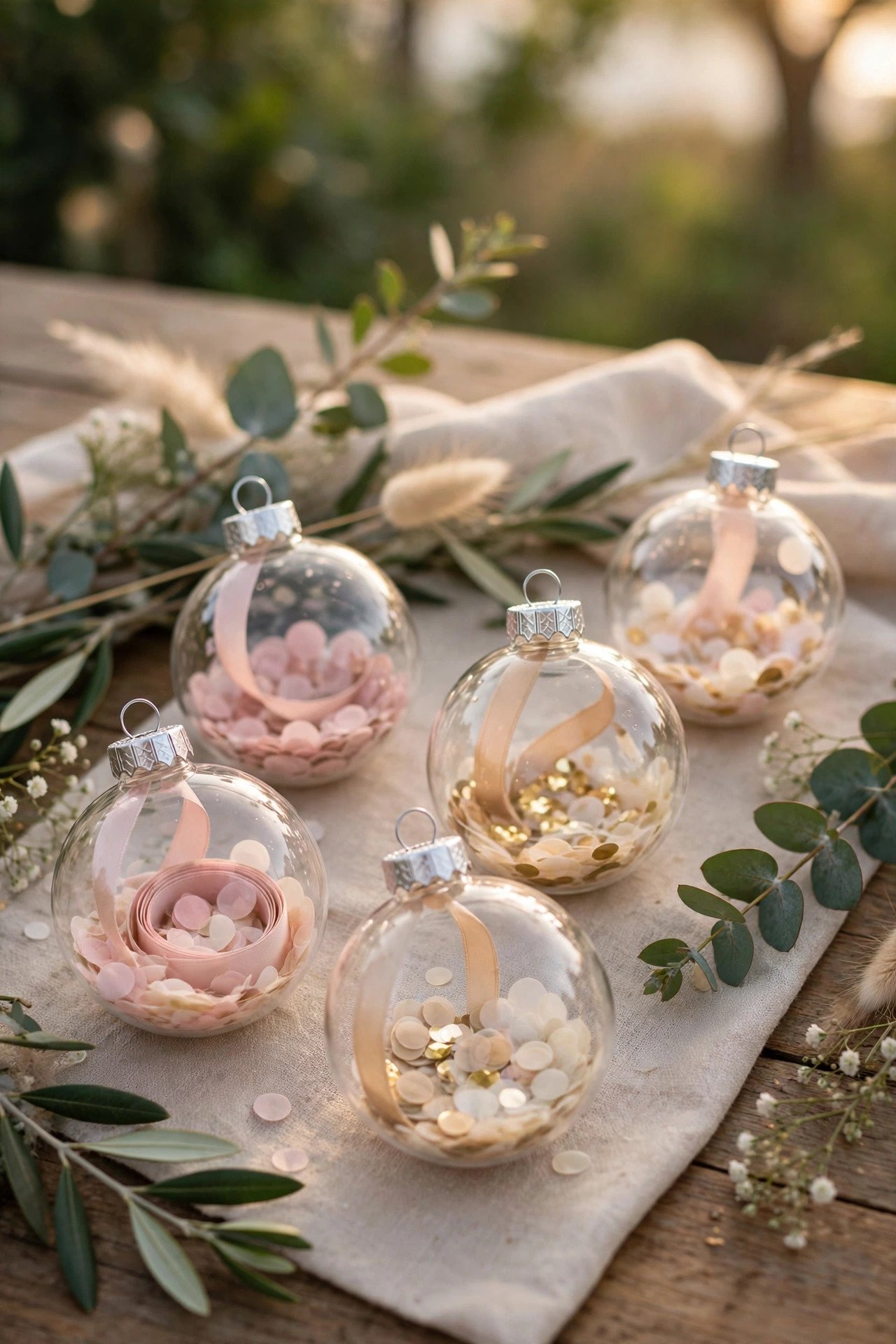 Clear ornaments filled and labeled with the wedding date