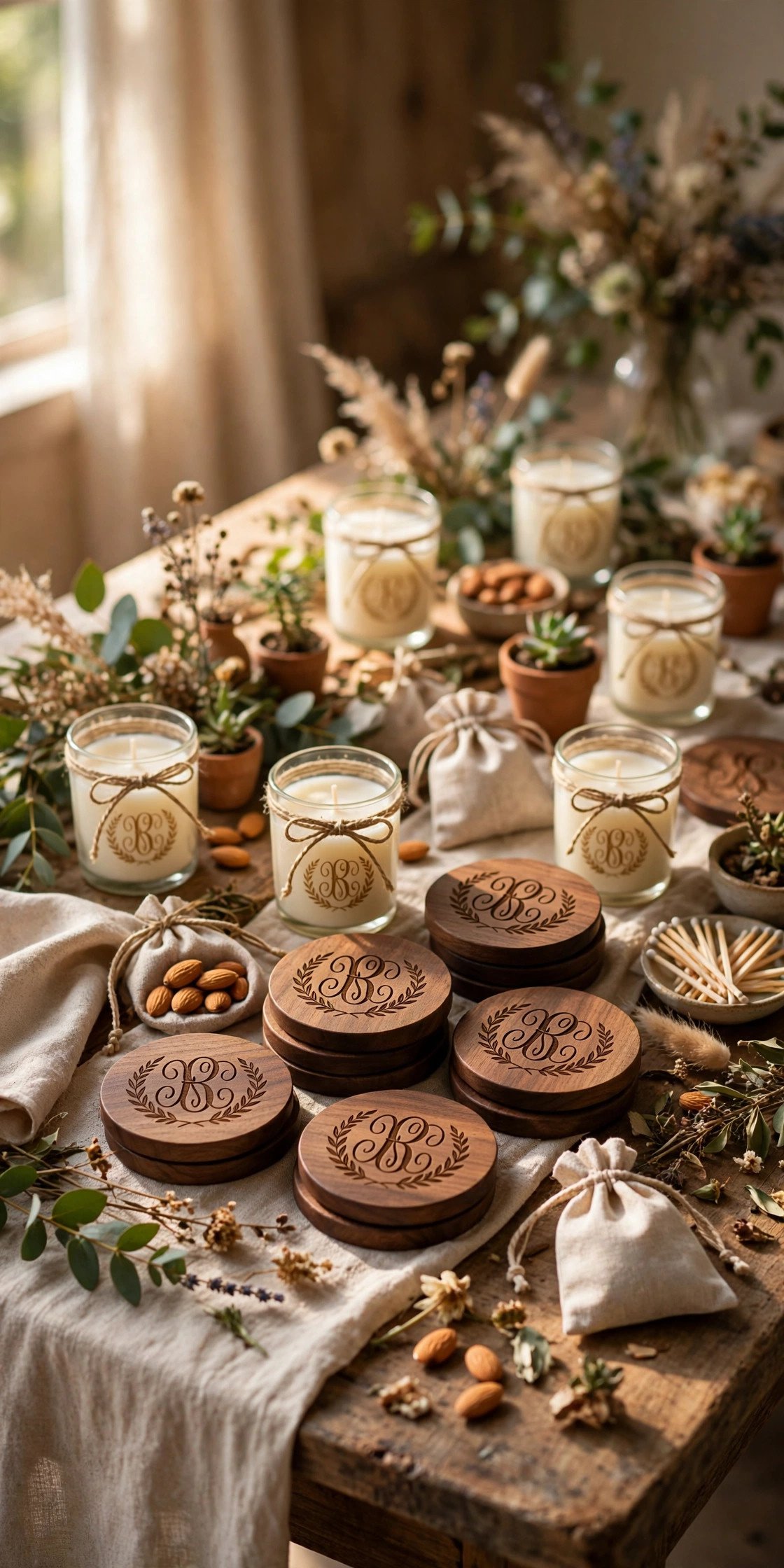 Personalized wedding favors with monograms, engraved coasters, and custom labels