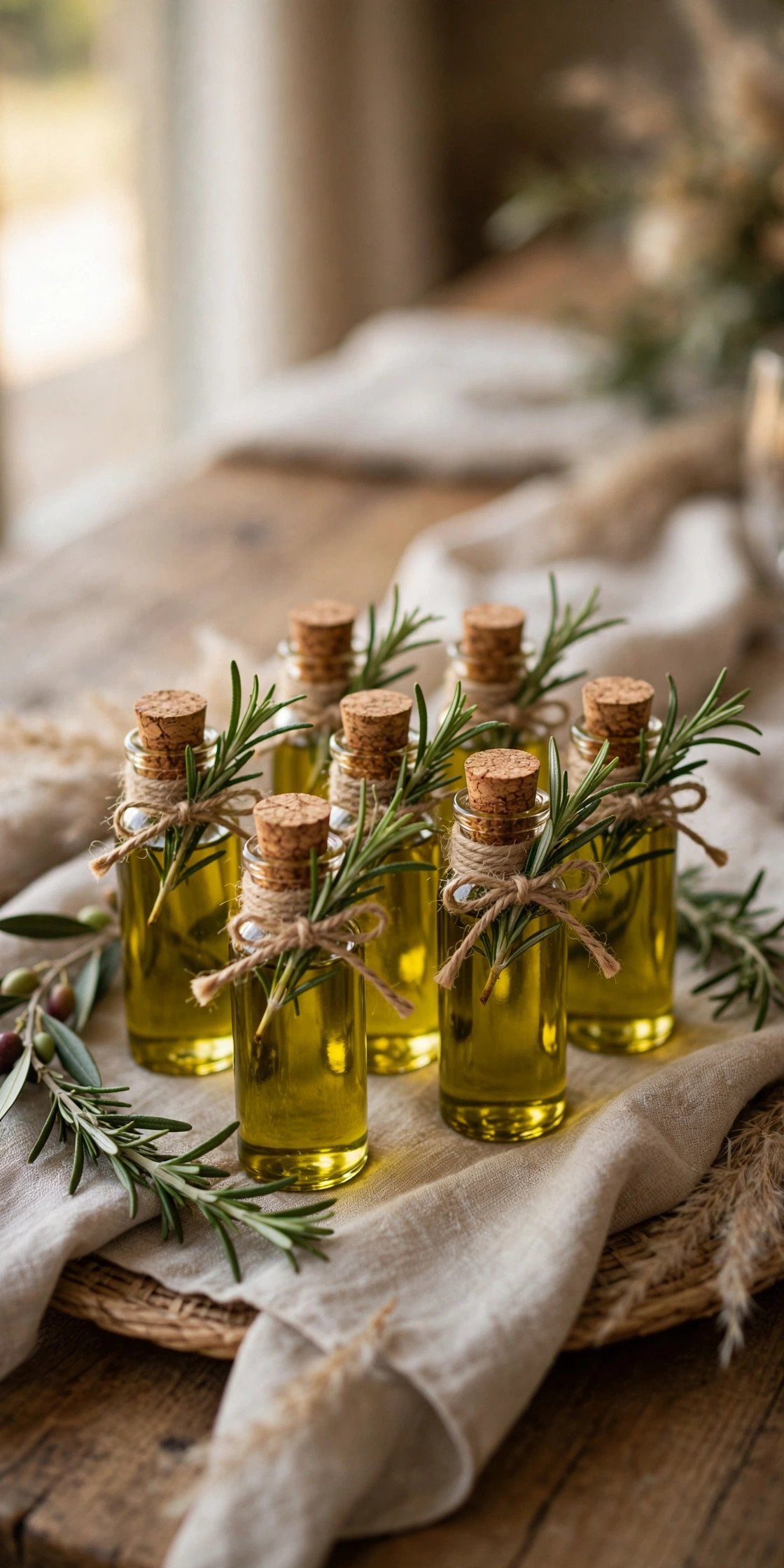 Mini Olive Oil Bottles in soft light at a 2027 wedding