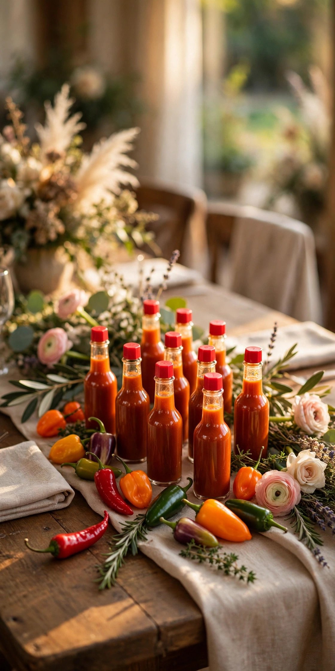 Mini Hot Sauce Bottles on display at a 2027 wedding
