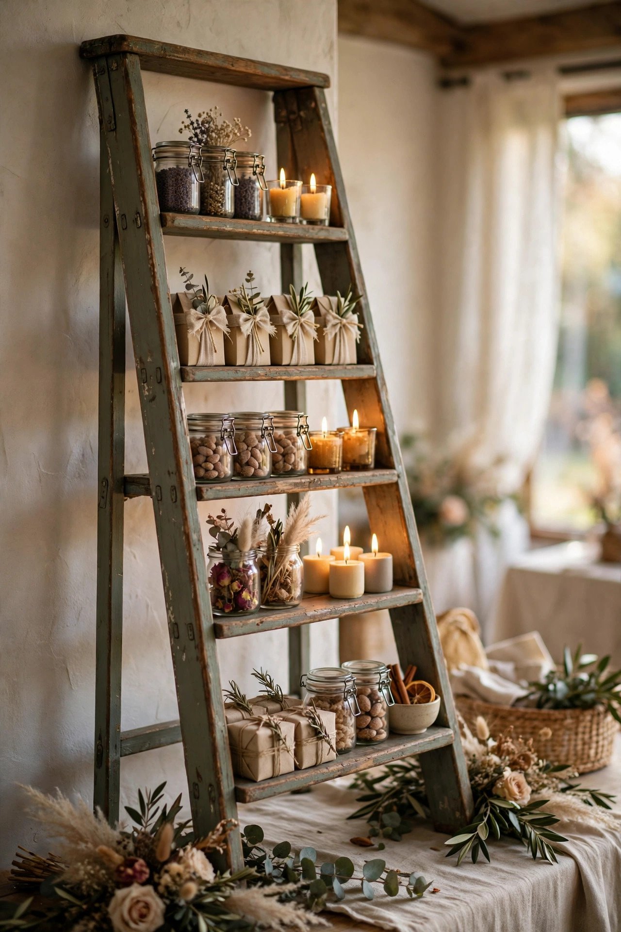 Vintage Ladder Shelf Table in soft light at a 2027 wedding