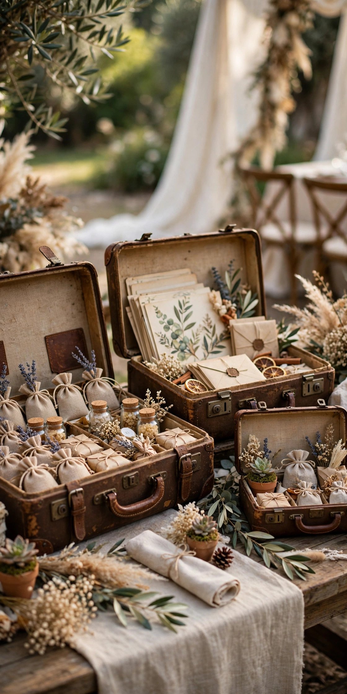 Vintage Suitcase Travel Table in soft light at a 2027 wedding