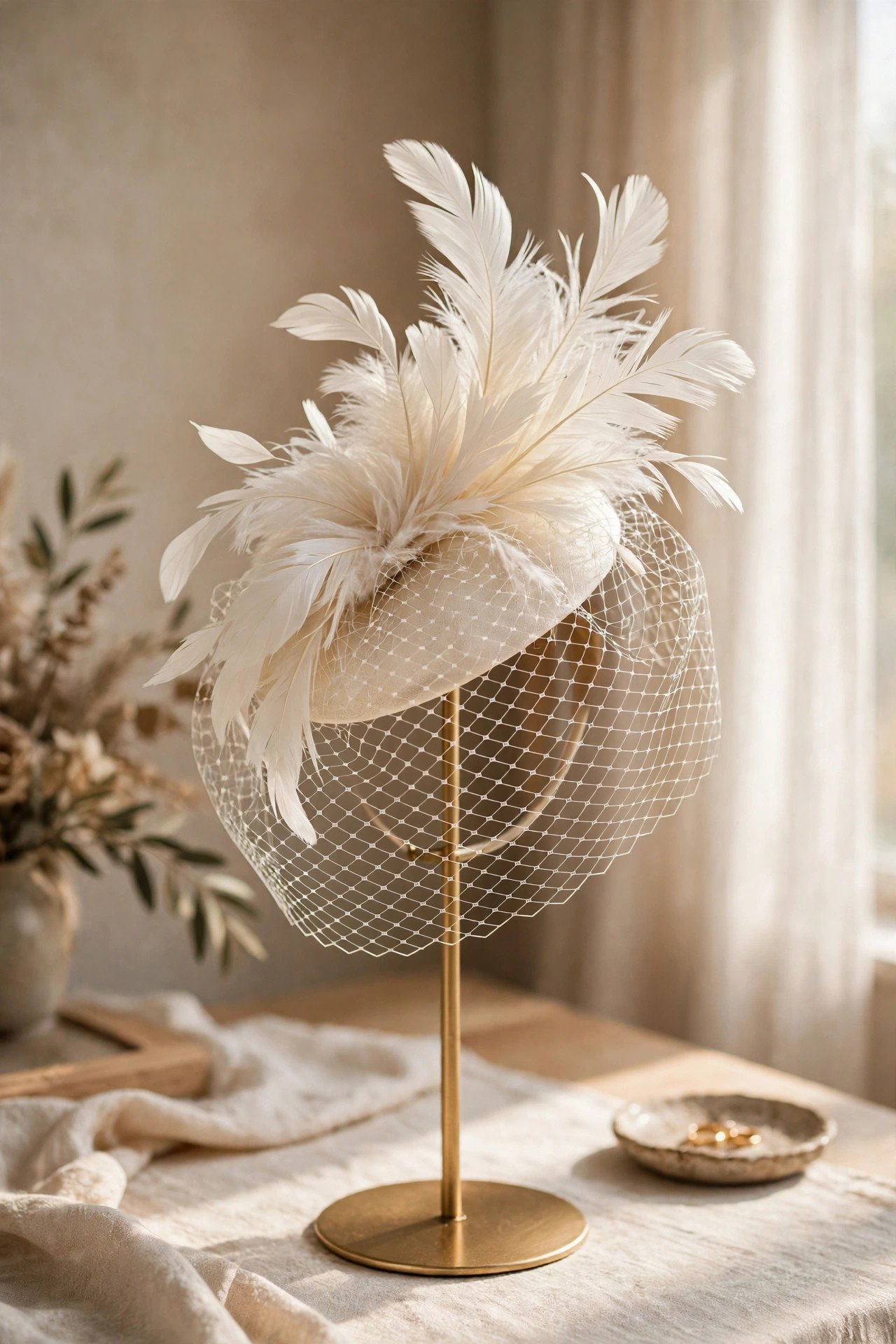 Feather Fascinator styled for a modern 2027 wedding day