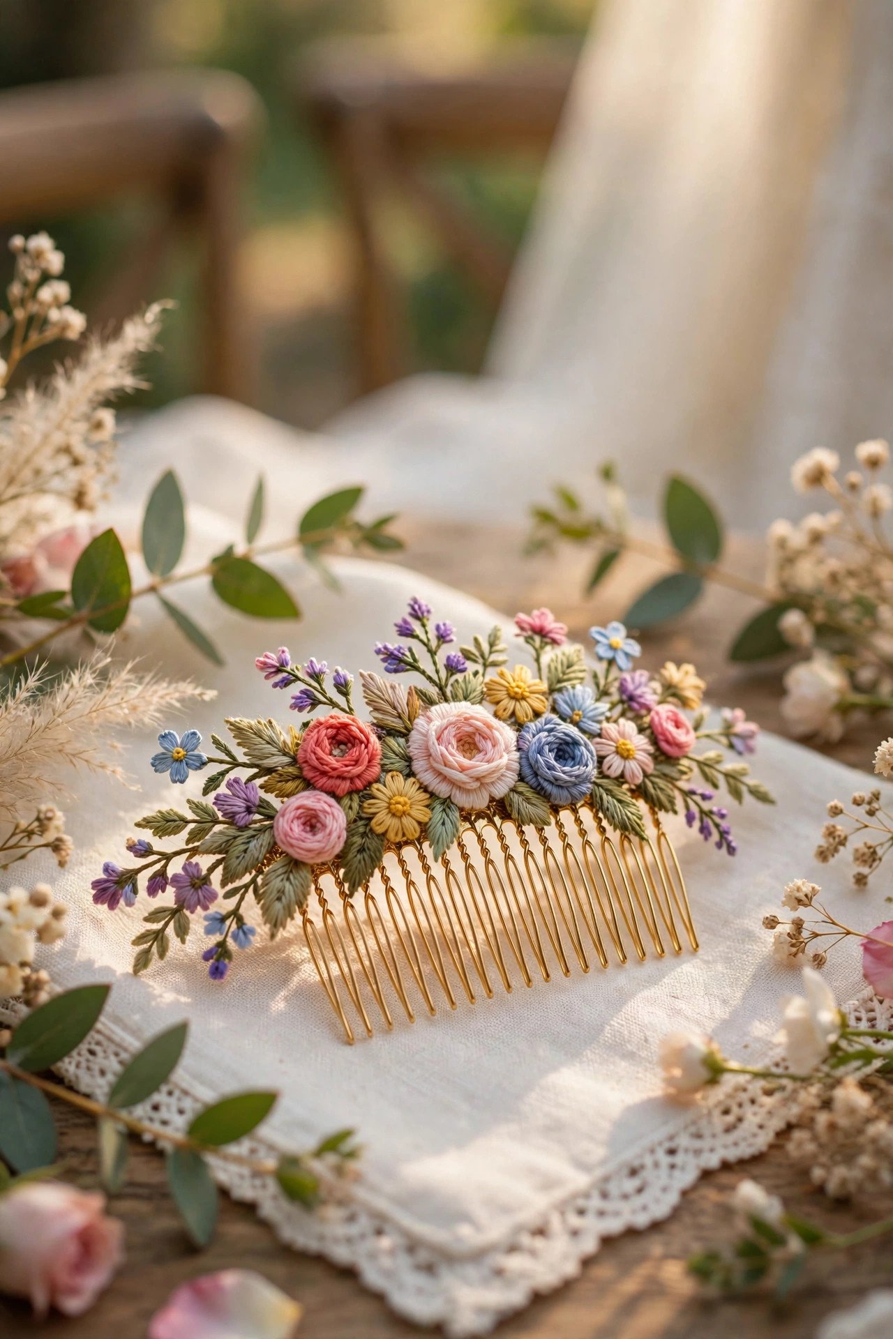 Embroidered Floral Comb styled for a 2027 wedding celebration
