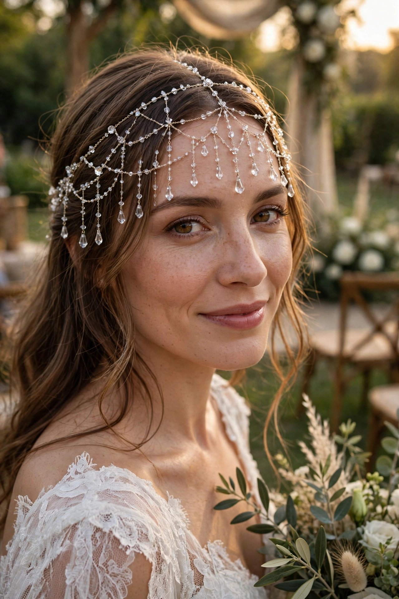 Crystal Draped Head Chain in soft light at a 2027 wedding
