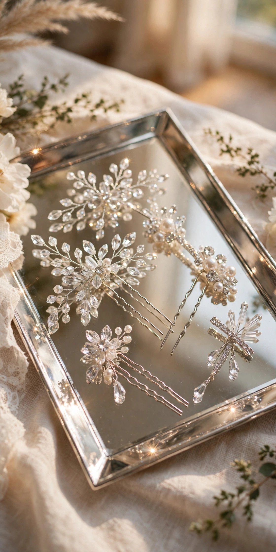 Crystal Hair Pins in soft light at a 2027 wedding