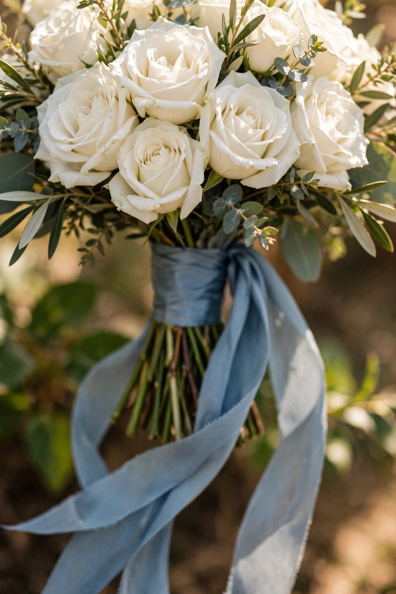 Wedding bouquet stems wrapped in dusty blue silk ribbon