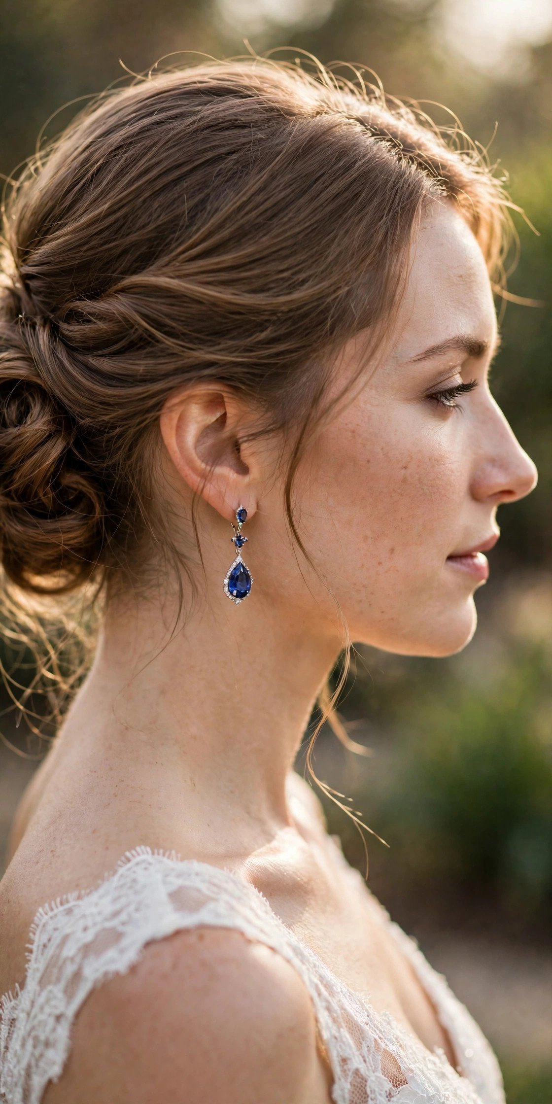 Bride wearing deep blue sapphire drop earrings