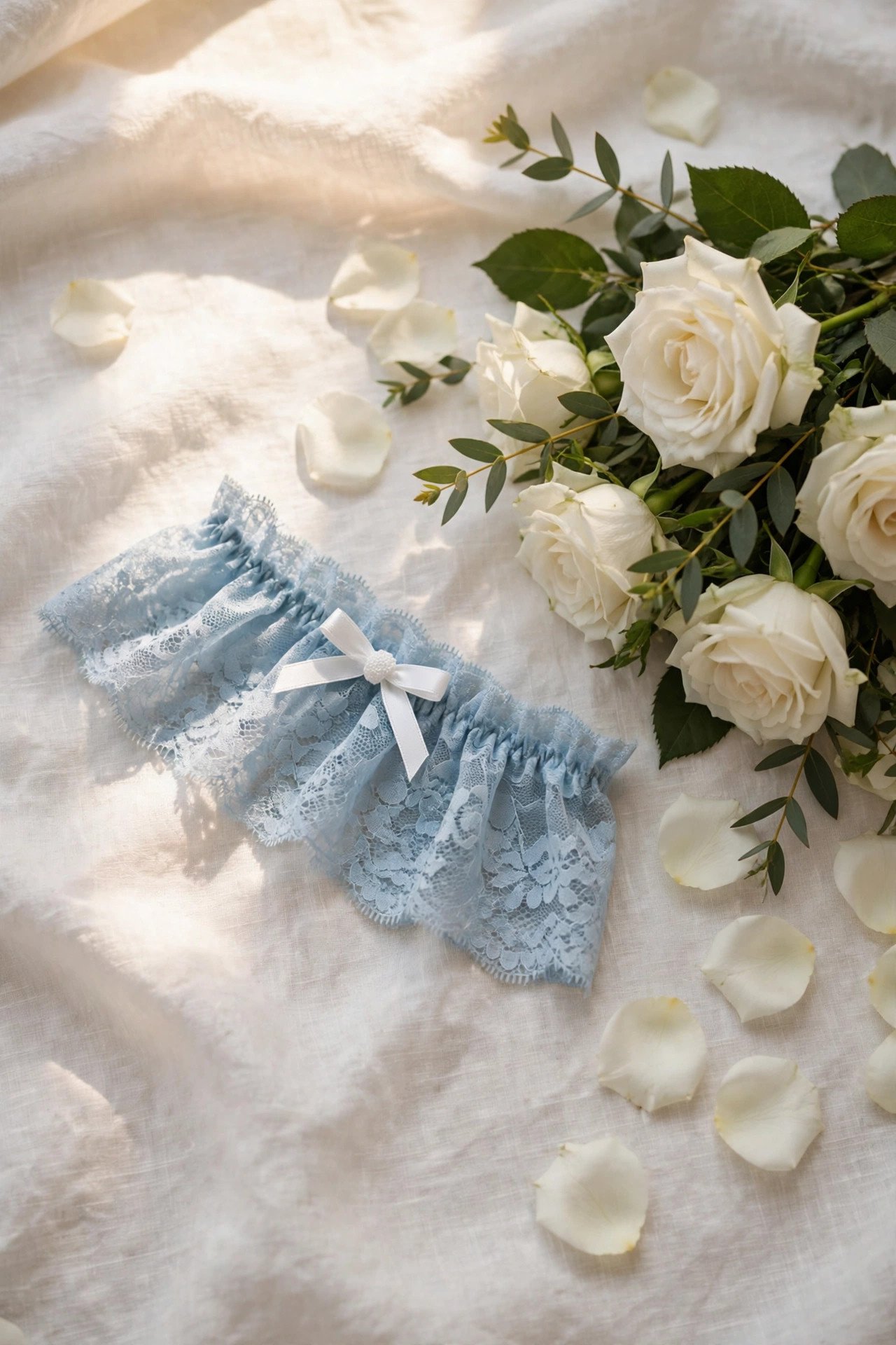 Light blue lace garter with a small white bow
