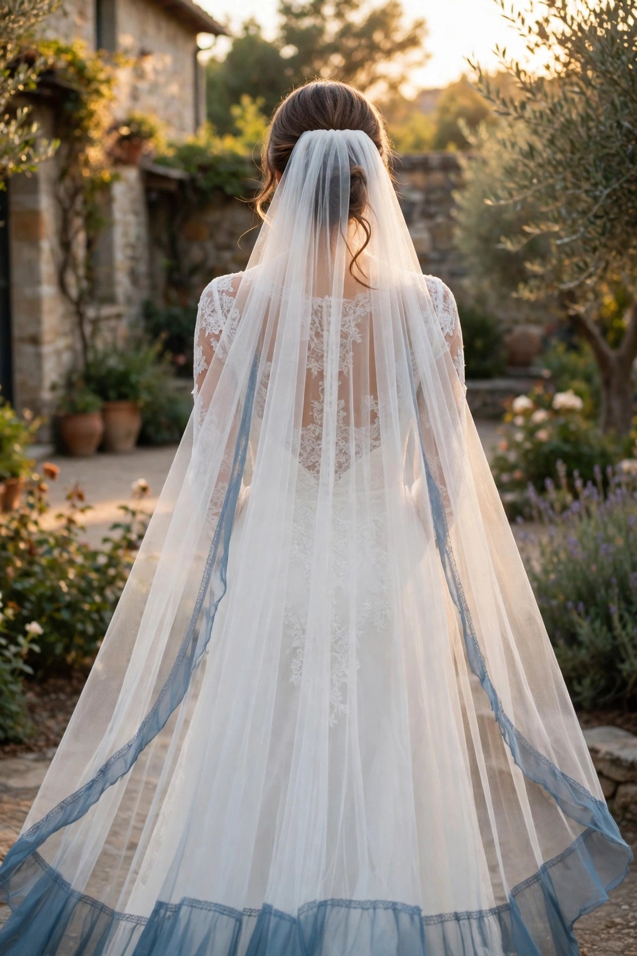 Bride in a veil with a dusty blue tint at the edge