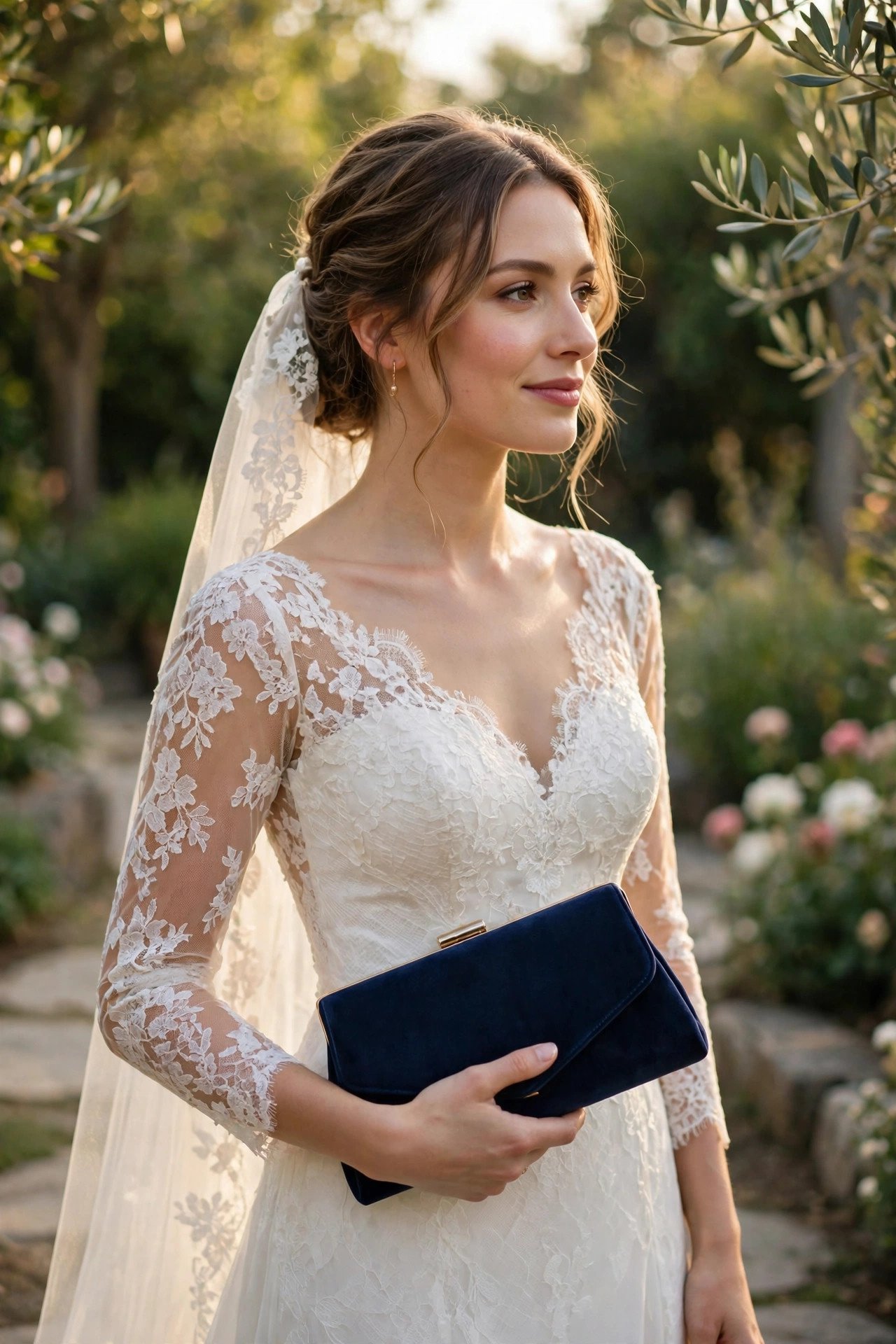 Bride holding a navy blue evening clutch
