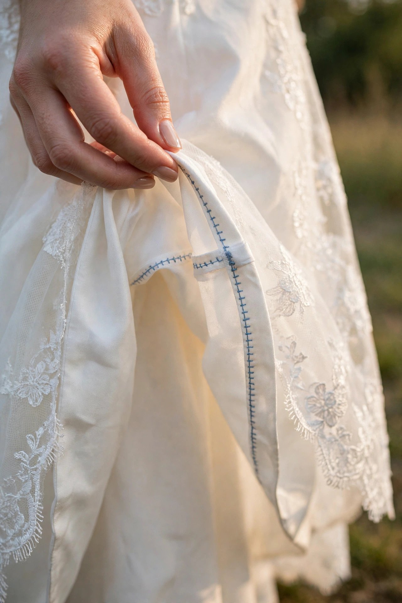 Hidden blue stitching along the inside hem of a gown