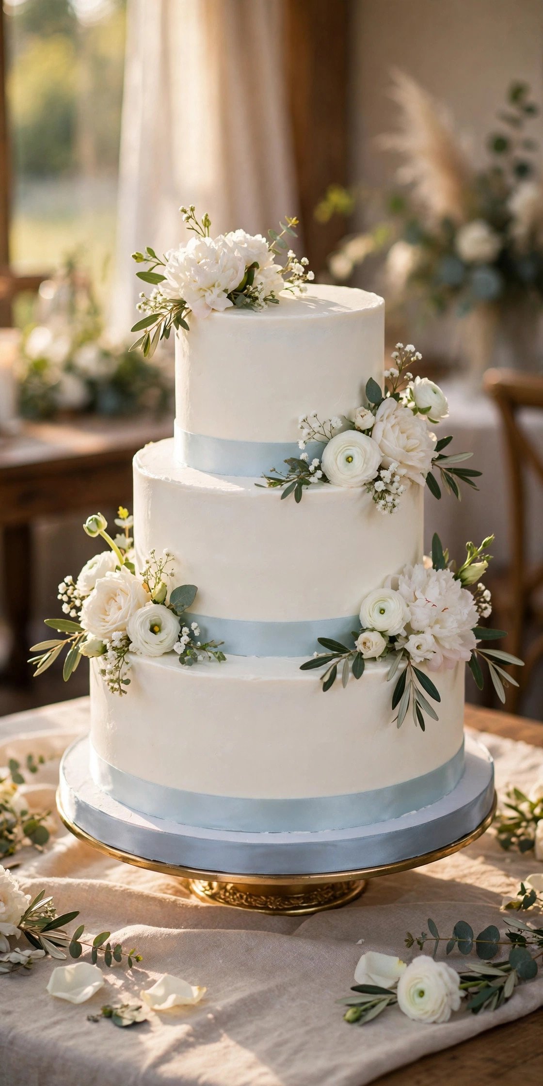 White wedding cake with a powder blue ribbon at the base