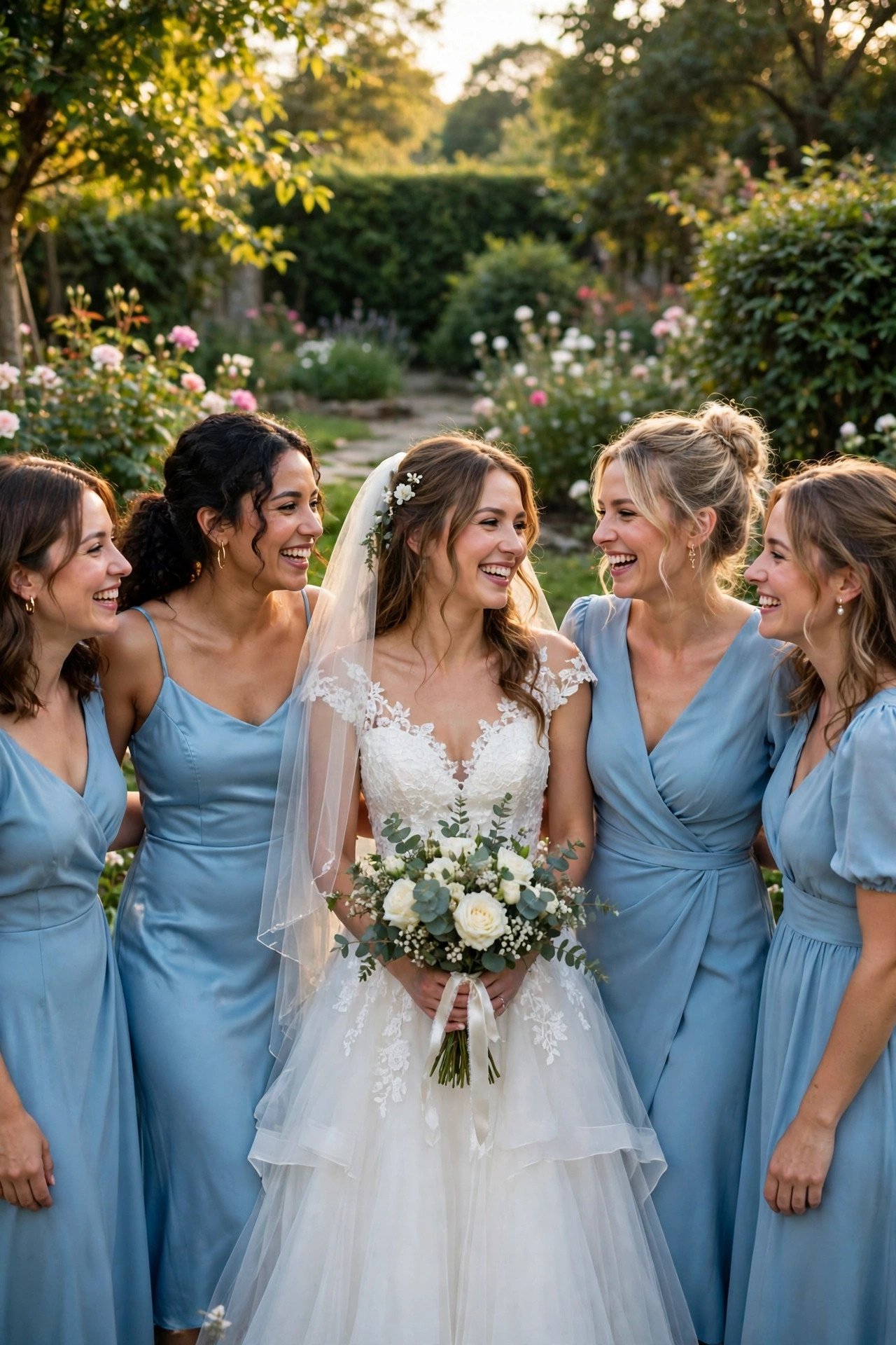 Bridesmaids in sky blue dresses standing with the bride