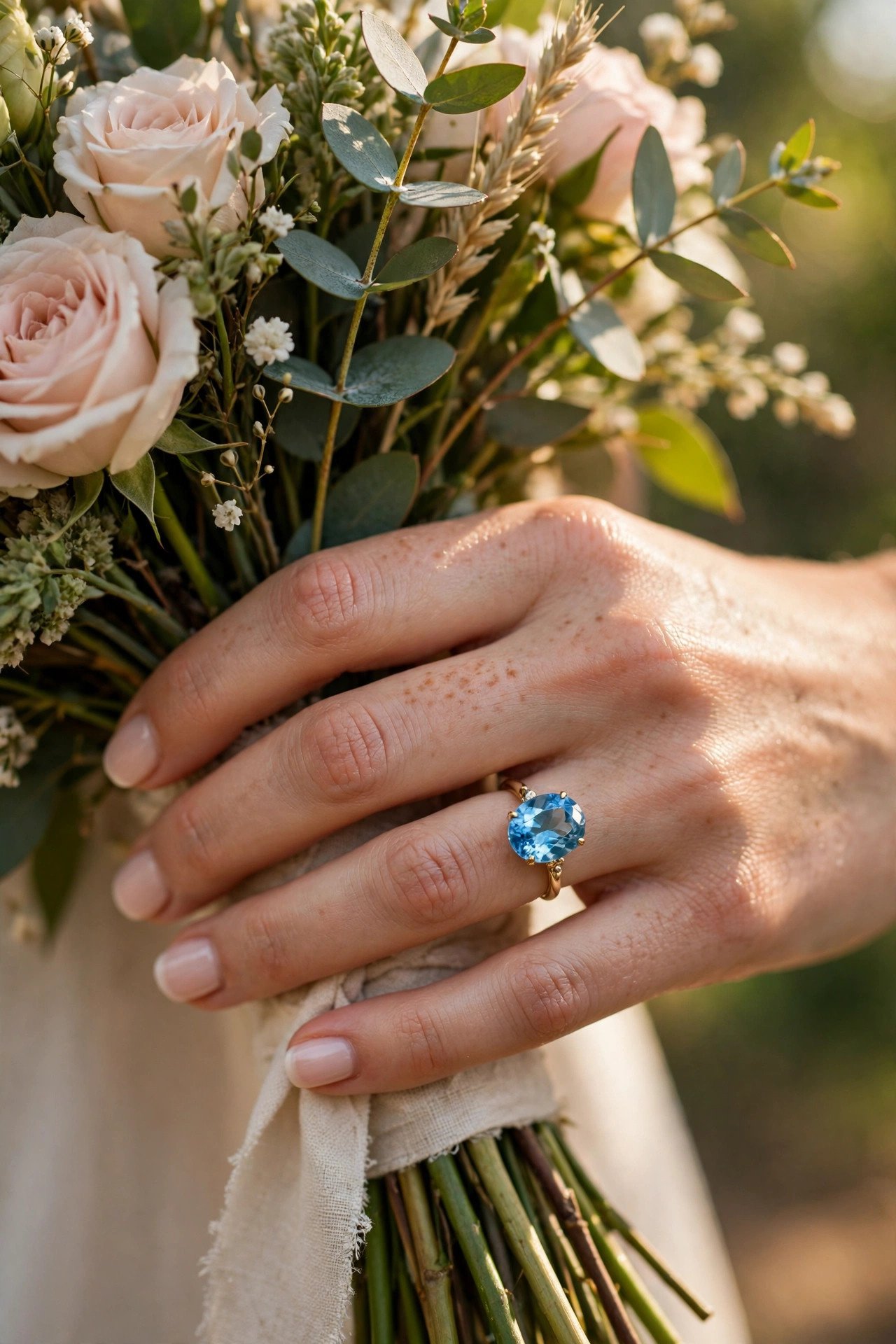Blue topaz ring worn on the bride right hand