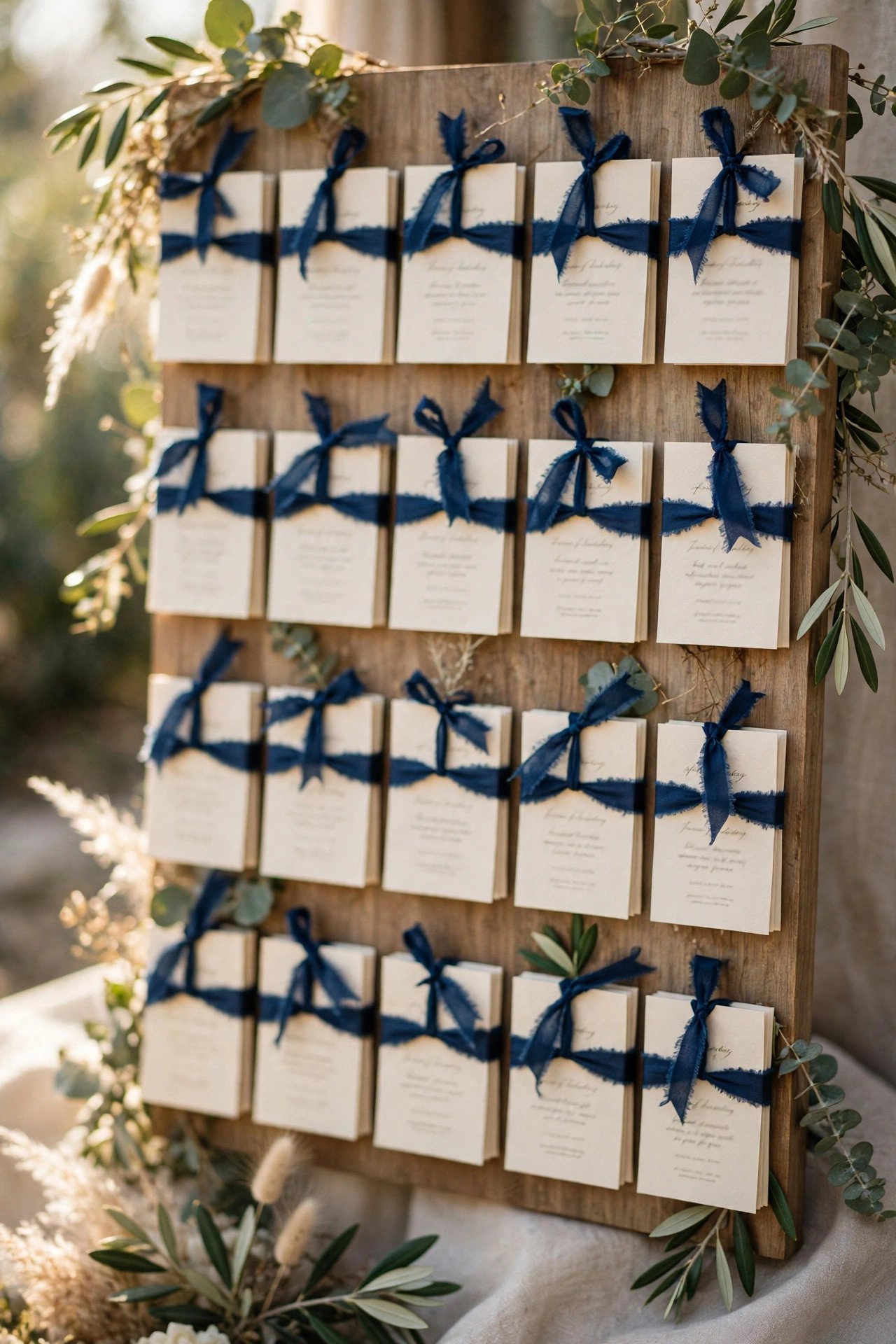 Escort cards tied with indigo ribbon on a display board