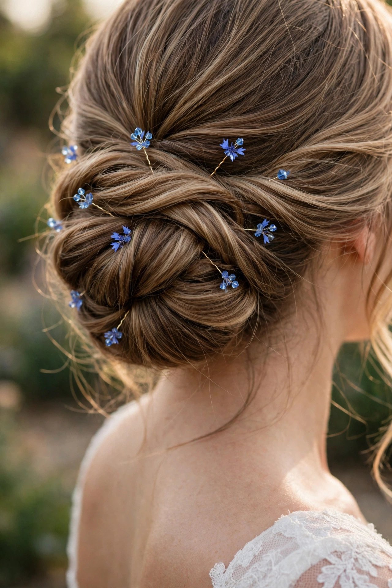 Hair pins with tiny cornflower blue crystals in an updo