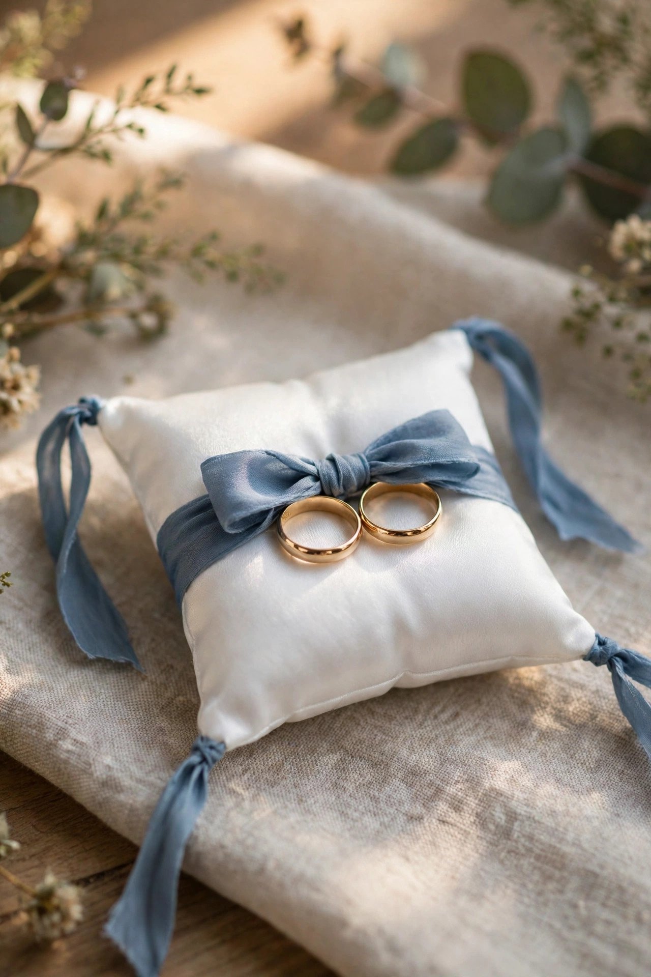 Ring pillow with blue ribbon ties for the rings